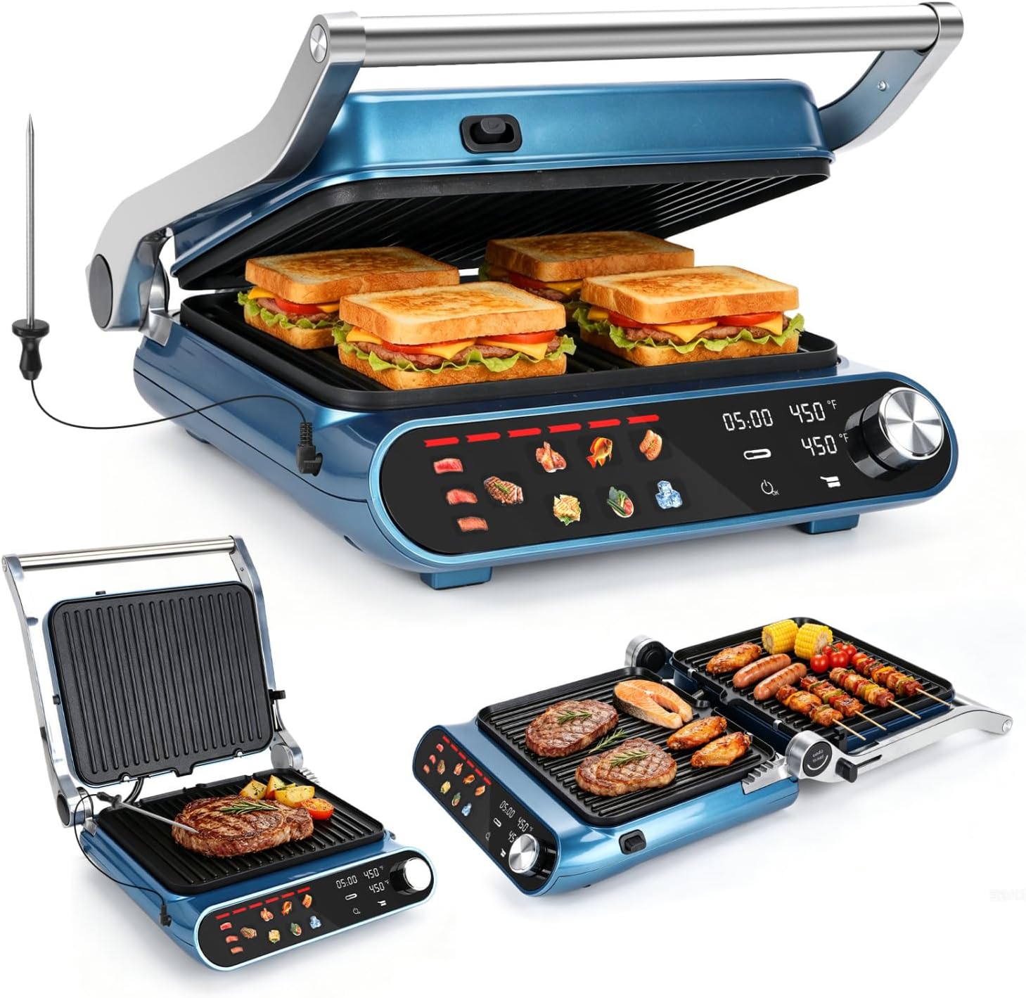 Taylor Swoden 7-in-1 Panini Press Sandwich Maker, 1500W Electric Indoor Grill with LED Touch Panel, Removable Non-Stick Plates & Drip Tray, Independent Temperature Control, 7 Modes, Opens 180 Degrees