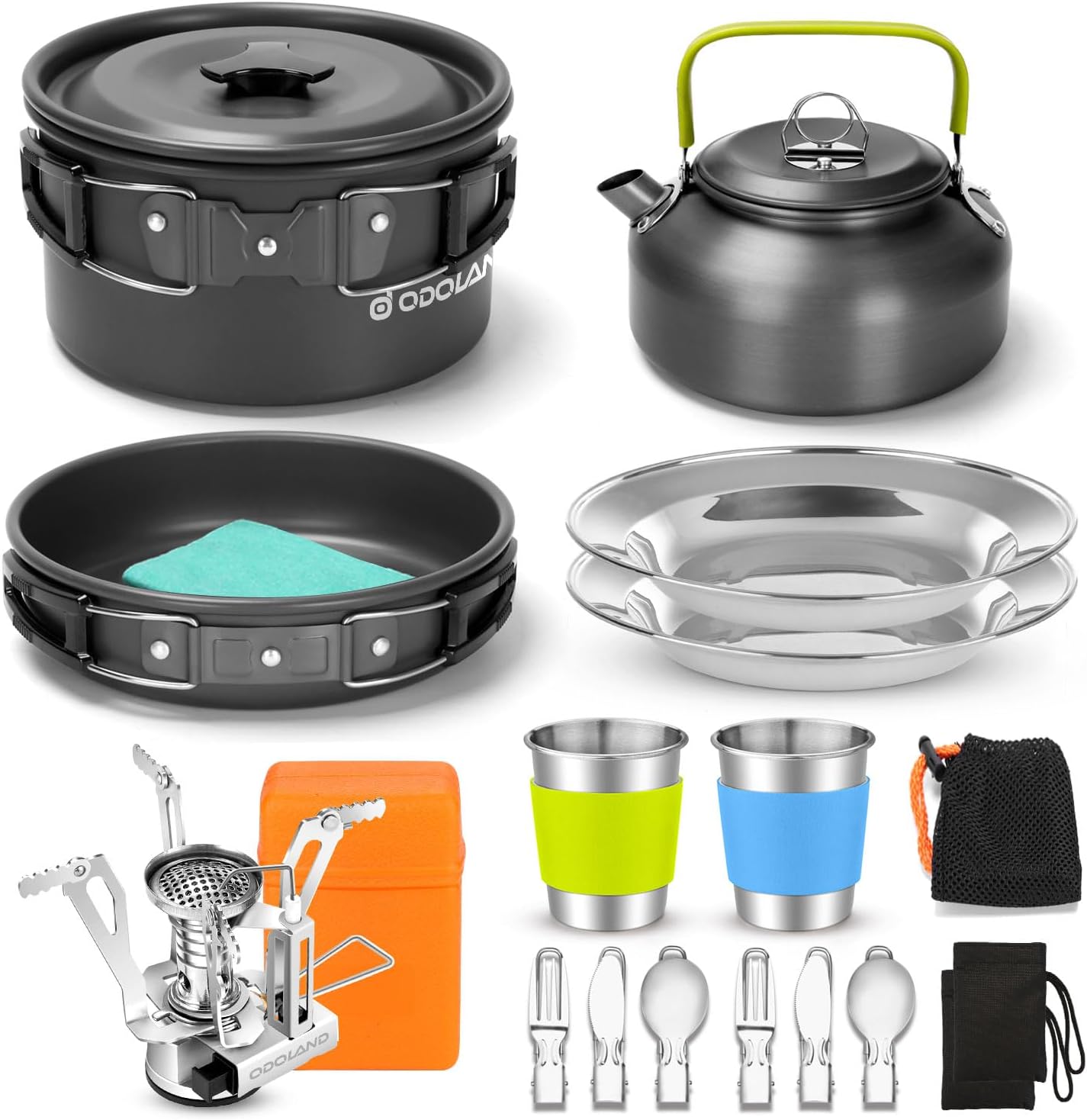 Odoland 16pcs Camping Cookware Set with Folding Camping Stove, Non-Stick Lightweight Pot Pan Kettle Set with Stainless Steel Cups Plates Forks Knives Spoons for Camping Backpacking Outdoor Picnic