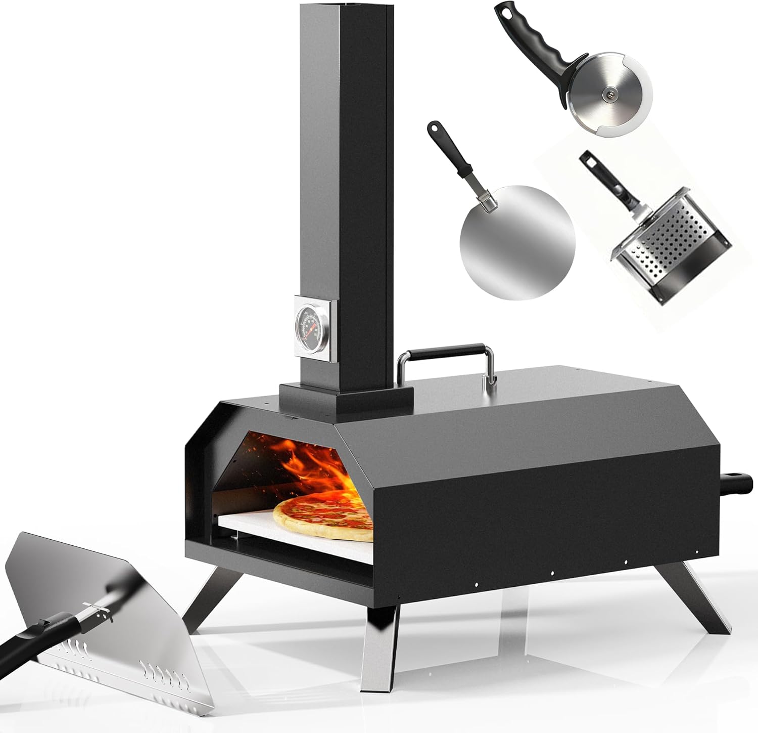 Pizza Oven Outdoor With a Thermometer, Portable Wood Fire Pizza Oven Stainless Steel Pizza Maker for Backyard or Outside Camping, Pizza Stone(11.25inch*11.25inch)
