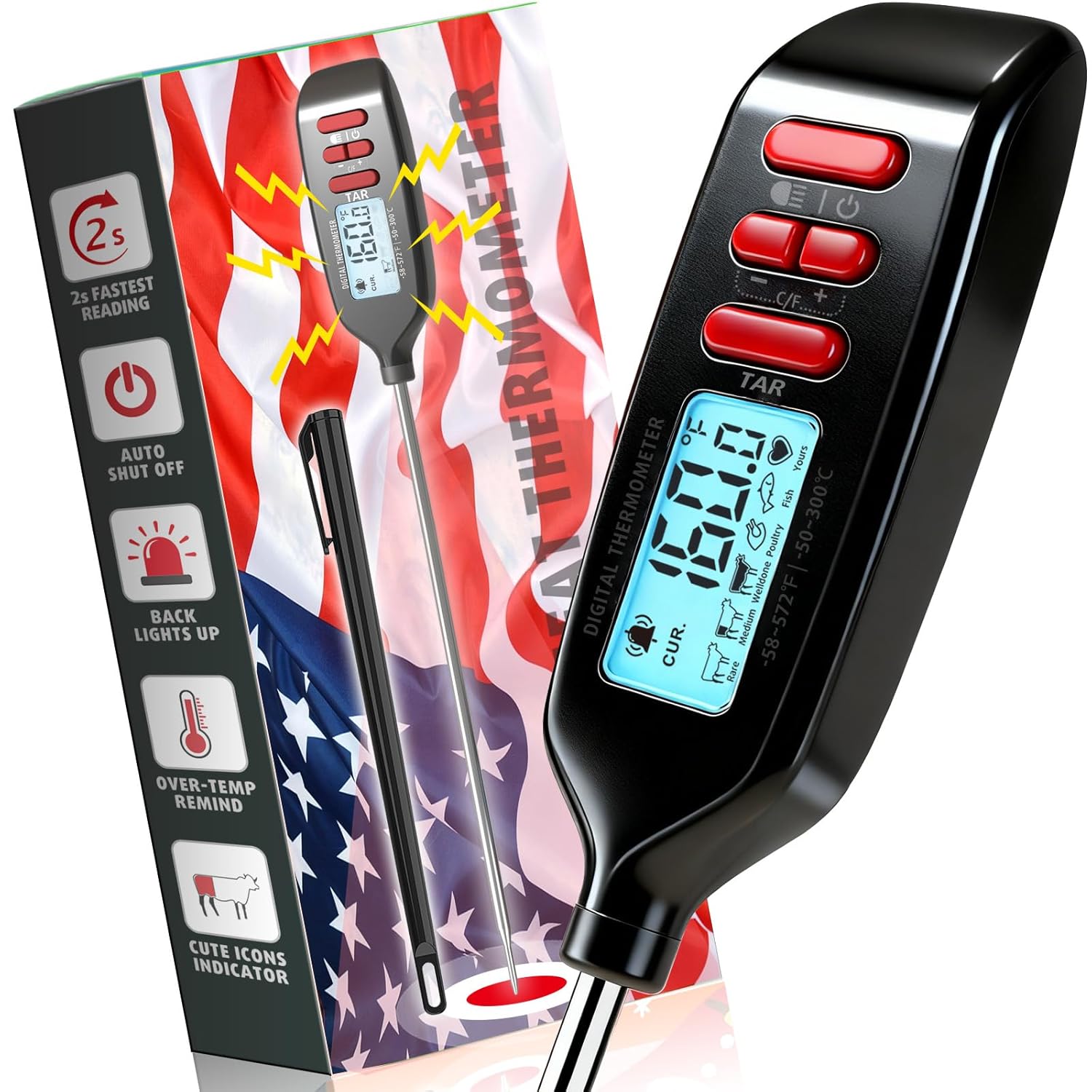 Antonki Meat Thermometer Digital, Smart Instant Read Food Thermometer with Super Long Probe for Cooking Grilling Baking Kitchen Candy BBQ Oil Liquid, Backlit Display, Battery Included