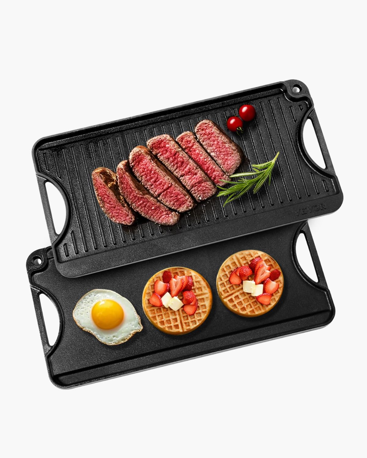 VEVOR Reversible Grill/Griddle, 20×10 inch Pre-Seasoned Cast Iron Griddle, Portable Rectangular Pan with Handle, Family Cookware for Indoor/Outdoor Stove Top Burner, Gas, Camping BBQ, Black