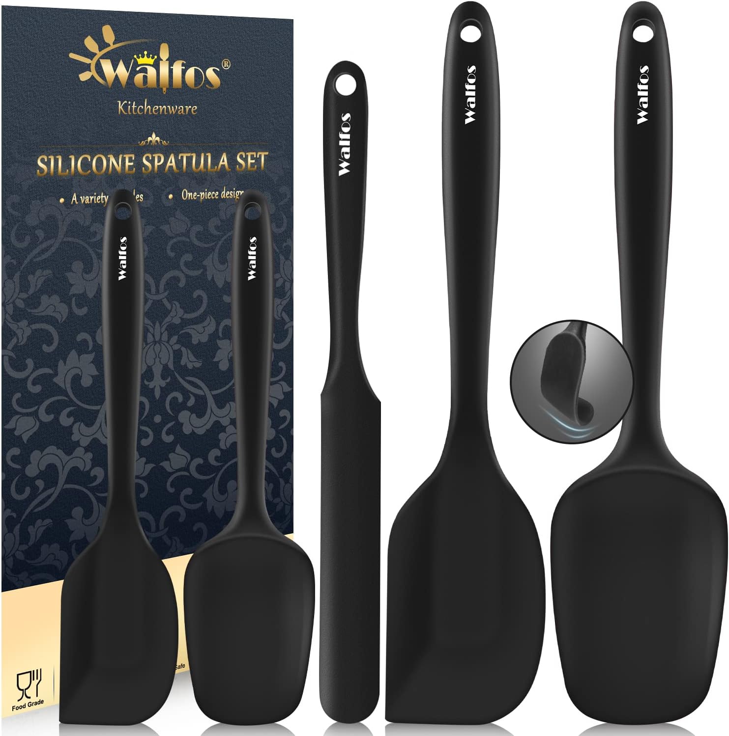 Walfos 600°F High Heat Resistant Silicone Spatula Set of 5- Food Grade Rubber Spatula Set for Baking Cooking & Mixing – BPA Free, Non Stick and Dishwasher Safe,black