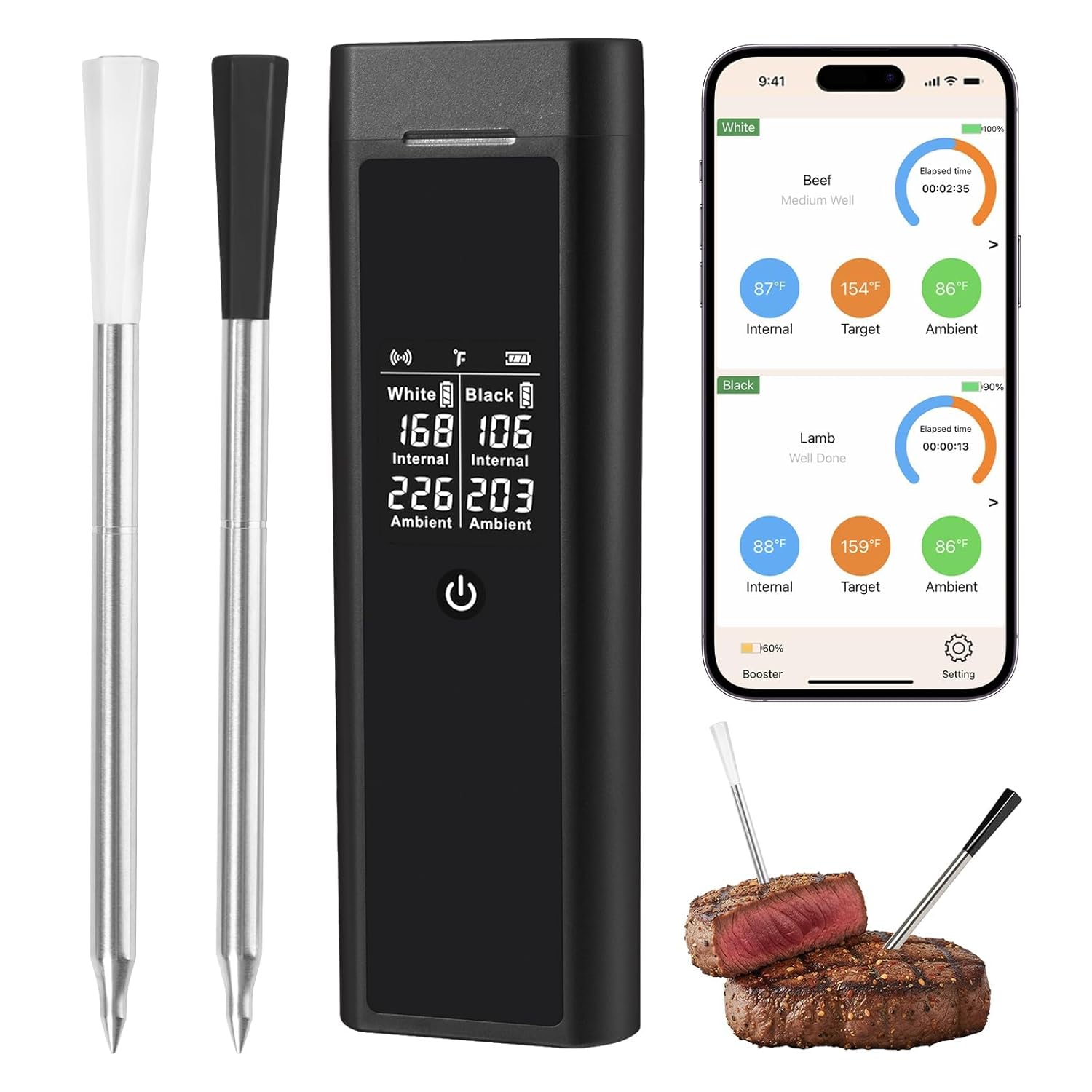 Smart Meat Thermometer for BBQ & Oven, Dual Sensor Probes, Real-Time App Monitoring, Long Wireless Range, Fast Response Cooking Thermometer for Grill & Smoker