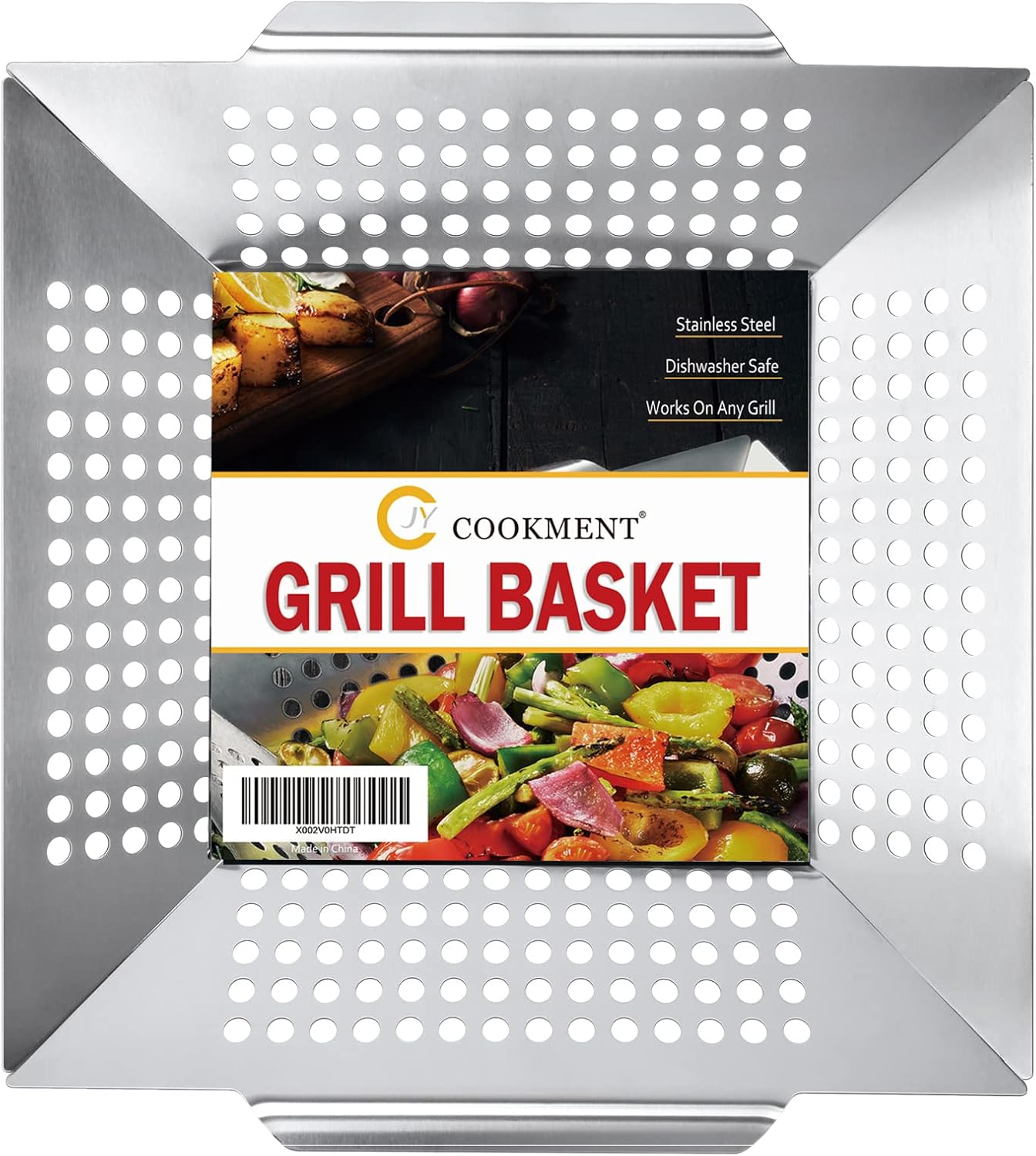 JY COOKMENT Grill Basket- Stainless Steel Grilling Basket for Indoor and Outdoor Use, Heavy Duty Vegetables Grill Basket for Veggies and Kabob, Suitable for All Grills, Dishwasher Safe
