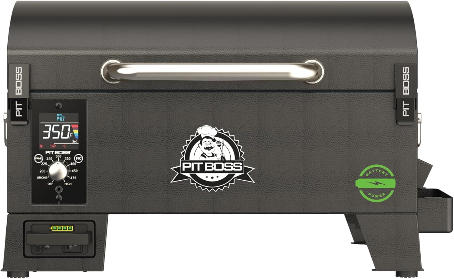 Pit Boss 150 Battery Powered Wood Pellet Grill & Smoker with Flame Broiler 256-Sq. In. Cooking Space, 180°F to 500°F Temperature Range, 7 lb. Pellet Hopper, for Tailgating, Camping, or Travel, Black