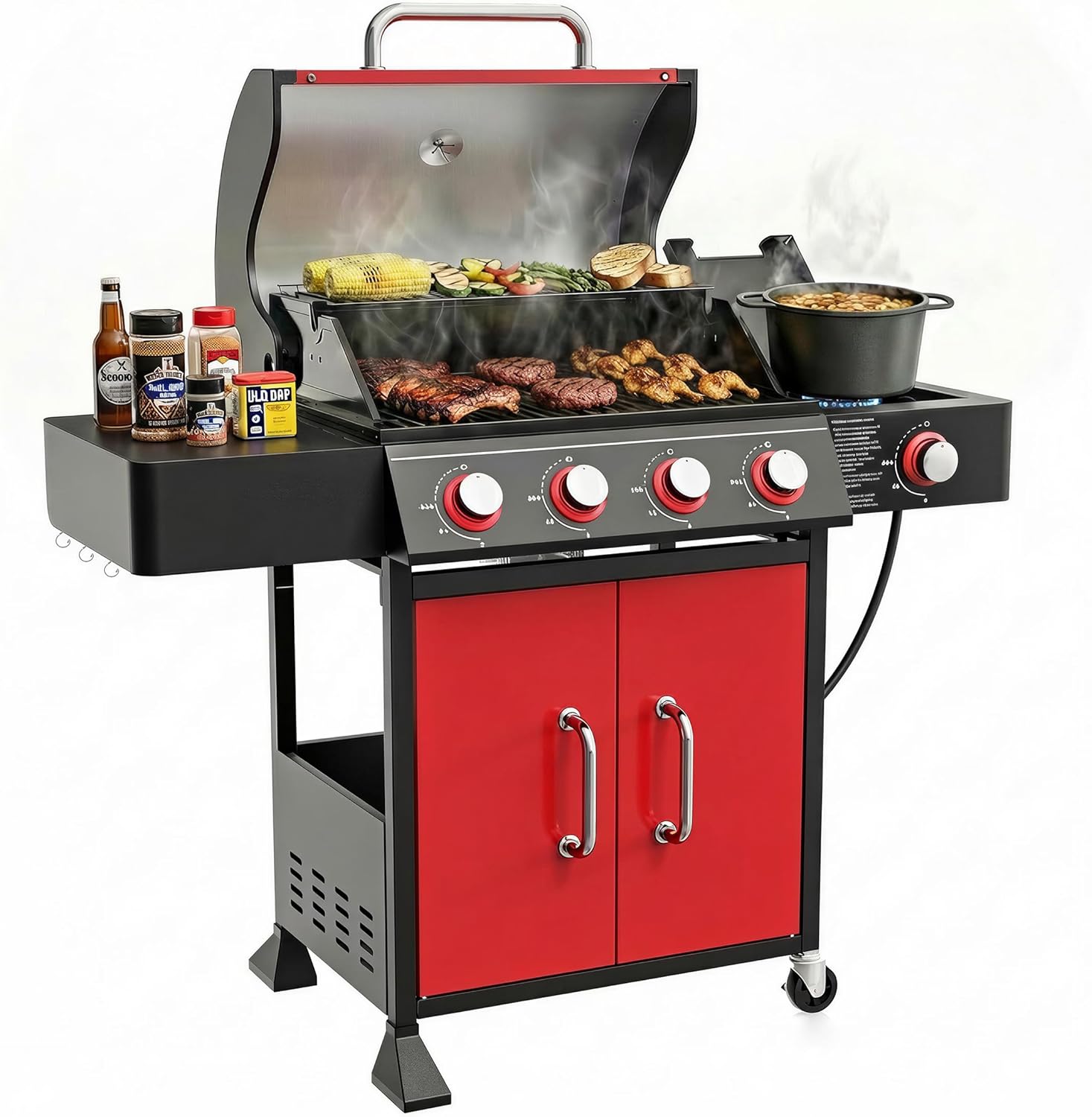 HUGROVE 4 Burner Propane Gas Grill with Side Burner, 601 Sq. In. Cooking Area with Warming Rack 56,000 BTU BBQ Grill with Porcelain-Enameled Cast Iron Grates for Outdoor Cooking