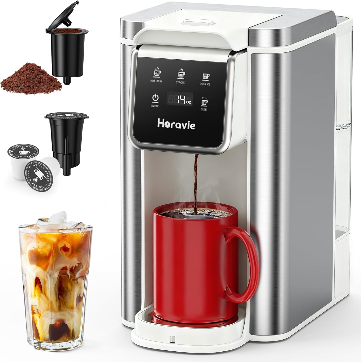 Horavie Single Serve Coffee Maker for K-Cup Pod and Ground, Hot & Iced Coffee Maker, Strong Button Feature, 6 to 14oz Brew Sizes, 50oz Removable Reservoir, Fit 6.5″ Mugs, Stainless Steel, White