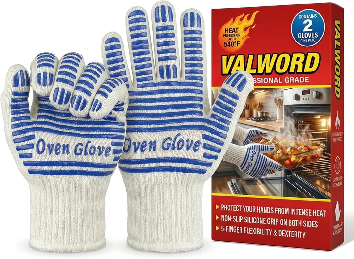 Heat Resistant Oven Gloves – 2 Pack, 540 Degree Professional Grade Oven Mitts with Fingers, Non-Slip Silicone Grip Cooking Gloves for Baking, Grilling, BBQ, Fireplace and Sourdough