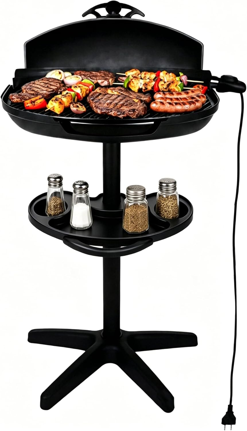 Portable Electric Grill with Removable Stand, 1500W Indoor & Outdoor BBQ, Non-Stick Baking Pan & Intelligent Temperature Control for Backyard, Balcony, Camping and Party, Gray