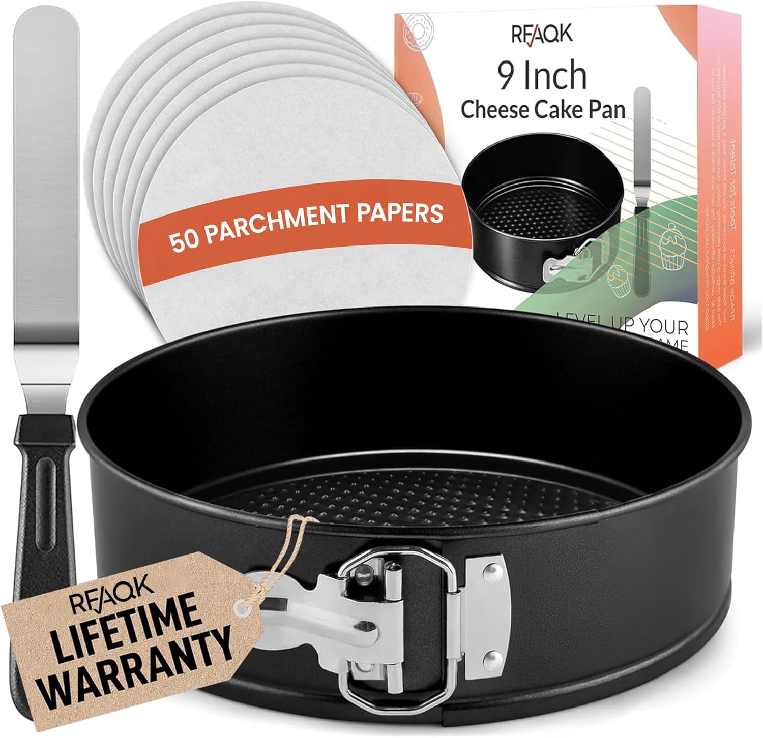 RFAQK 9 Inch Springform Pan Nonstick Leakproof – Spring Form Pan for Cheesecake with Removable Bottom, Include Spatula & 50pcs Parchment Paper, Recipe E-Book – Ideal for Baking Cakes, Pizzas, & More!