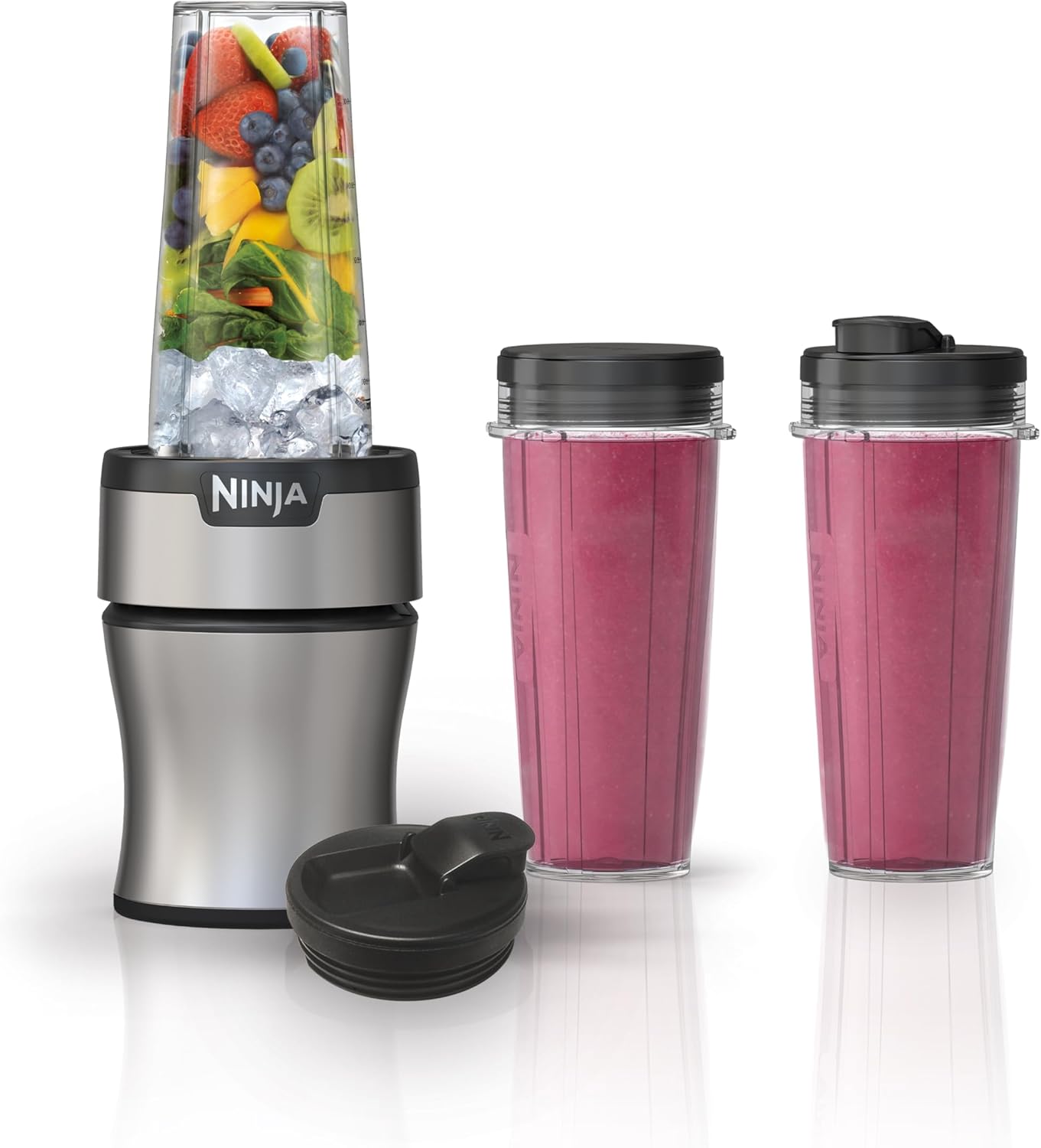 Ninja Nutri-Plus Personal Blender | Compact Push to Blend | Make Frozen Drinks, Smoothies, Sauces & More | With (3) 20 oz. To-Go Cups, (2) Spout-Lids & (1) Storage-Lid | 900 Peak Watt | Silver | BN301