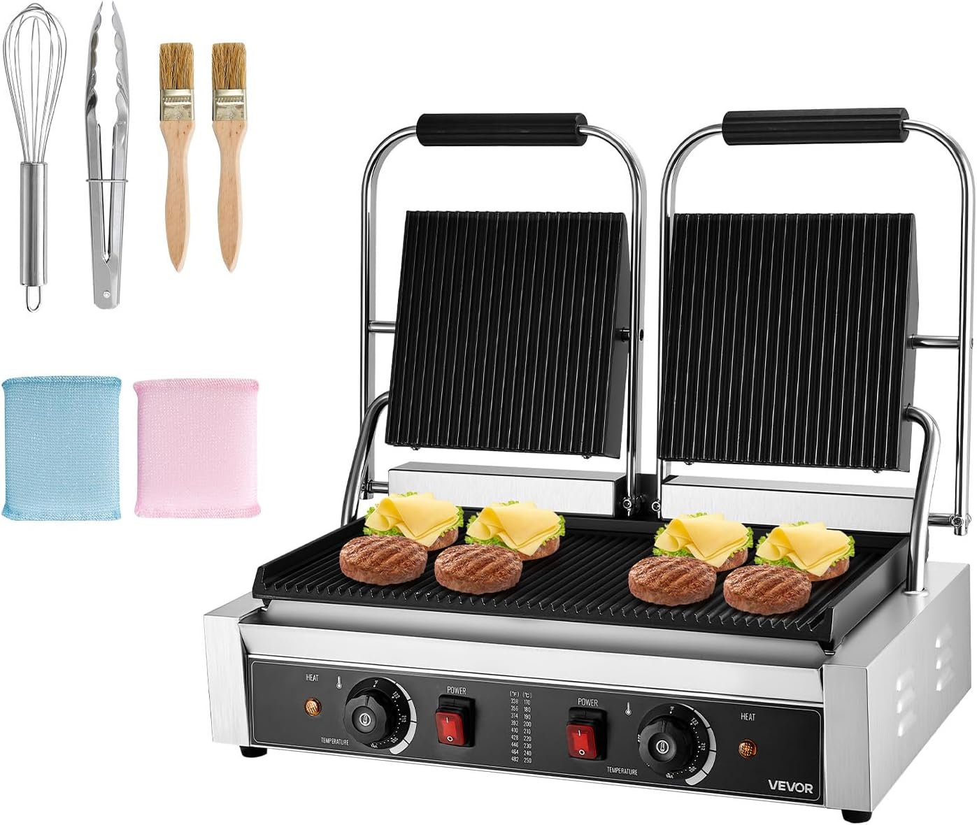 VEVOR Commercial Panini Grill, 3600W Electric Sandwich Panini Maker, Stainless Steel Double Sandwichs Press with Handle and Temp Control, 19×9 in Full Grooved Enamel Plate, for Hamburger Steak Bacon
