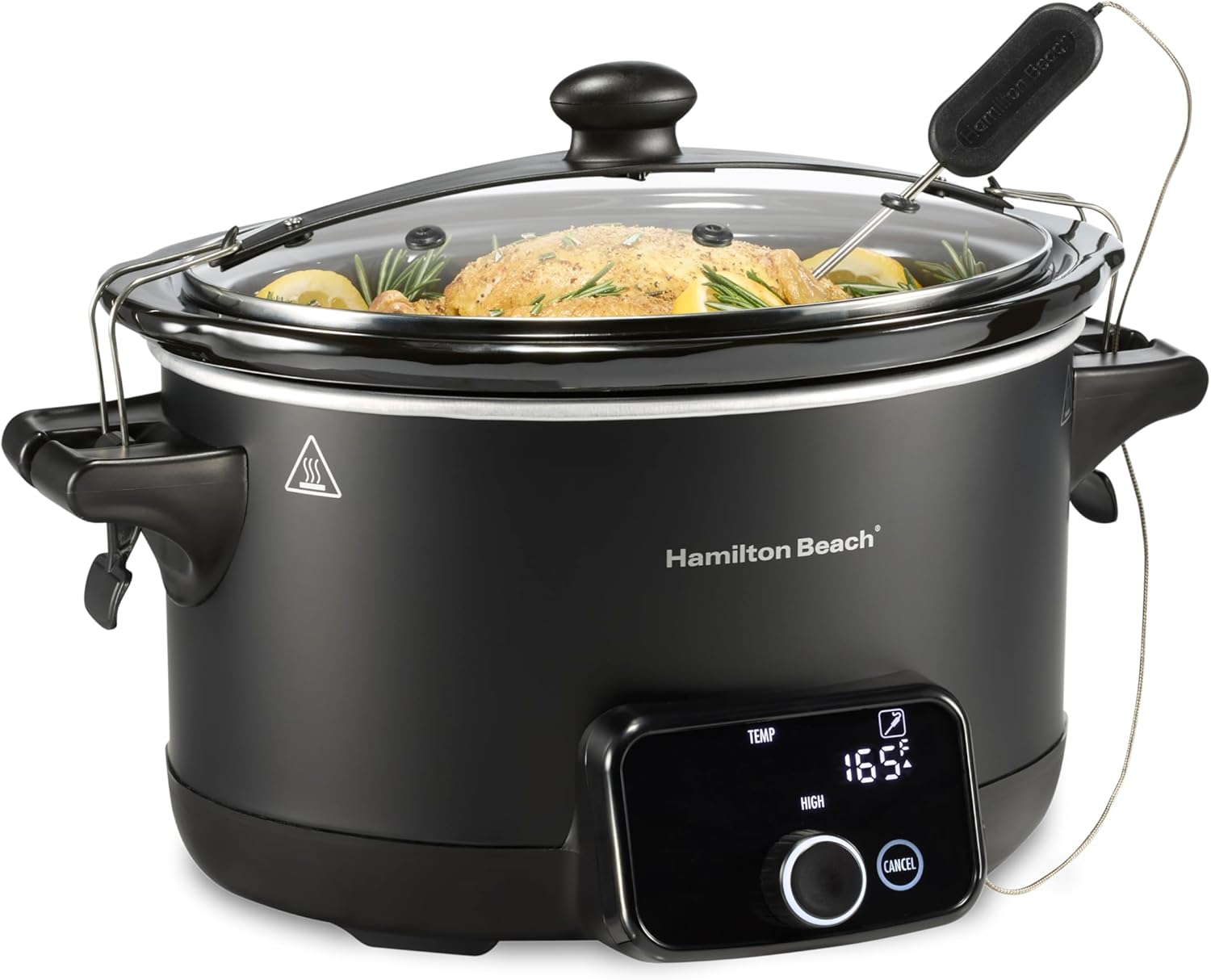 Hamilton Beach Ready, Set, Dinner Programmable Slow Cooker 6 Quart With Temperature Probe, Defrost Function, Clip-Tight Lid For Mess-Free Travel, Dishwasher-Safe Stoneware Crock, Matte Black (33868)