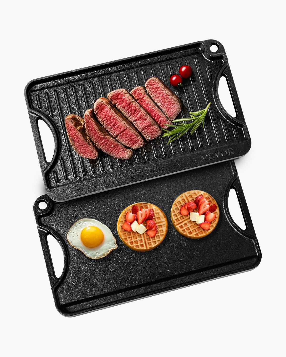 VEVOR Reversible Grill/Griddle, 14×8.5 inch Pre-Seasoned Cast Iron Griddle, Portable Rectangular Pan with Handle, Family Cookware for Indoor/Outdoor Stove Top Burner, Gas, Camping BBQ, Black