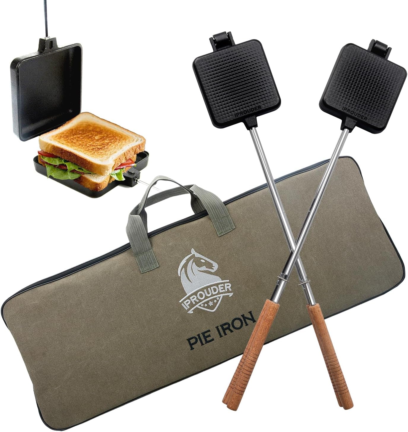 Campfire Pie Iron 4.9″ Large Cast Iron Sandwich Maker for Camping 2 Pcs with Storage Bag – 21.7 inch Adjustable Handles – Campfire Cooking Equipment for Grilling & Outdoor Cooking