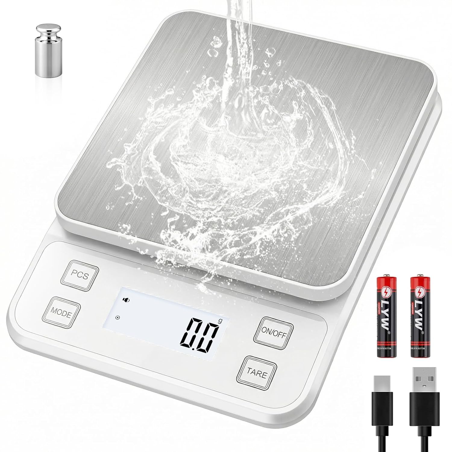 22lb Rechargeable Stainless Steel Scale, Diyife Large Kitchen Food Scale with 0.1g/0.001oz High Precision, LCD Display, 10 Unit, Waterproof IPX67, Washable, Hangable, for Baking, Cooking, White