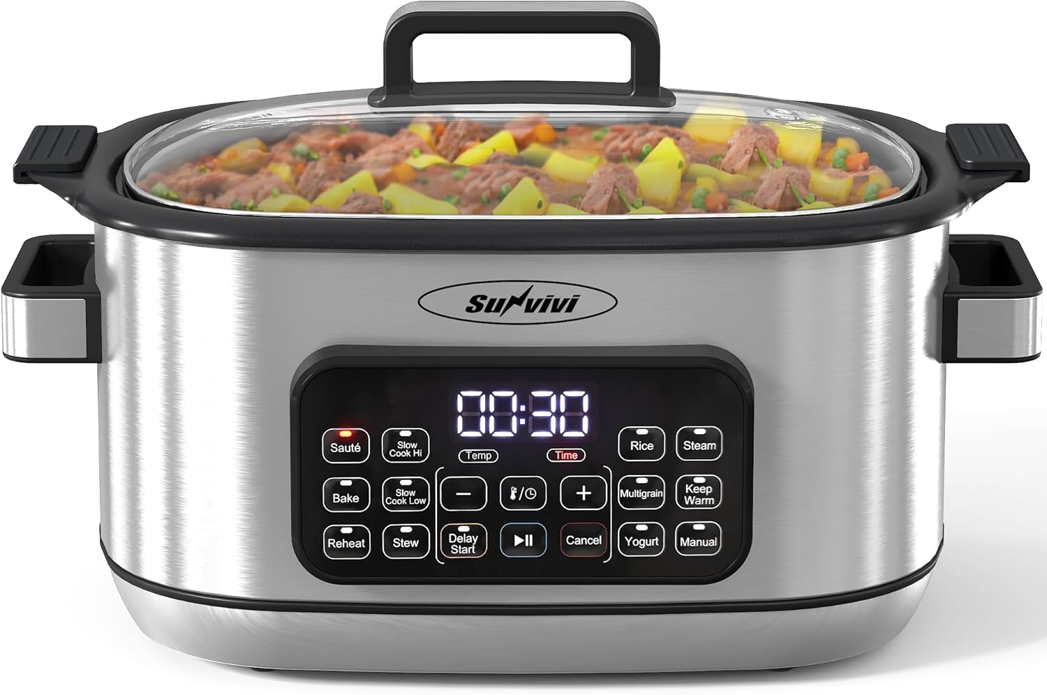 Sunvivi 12-in-1 Multi Cooker, 6.5QT Programmable Slow Cooker with Timer & Temp Control, Auto Warm Setting, Delay Start, Dishwasher Safe Lid & Removable Nonstick Crock, Stainless Steel Rack, Sliver