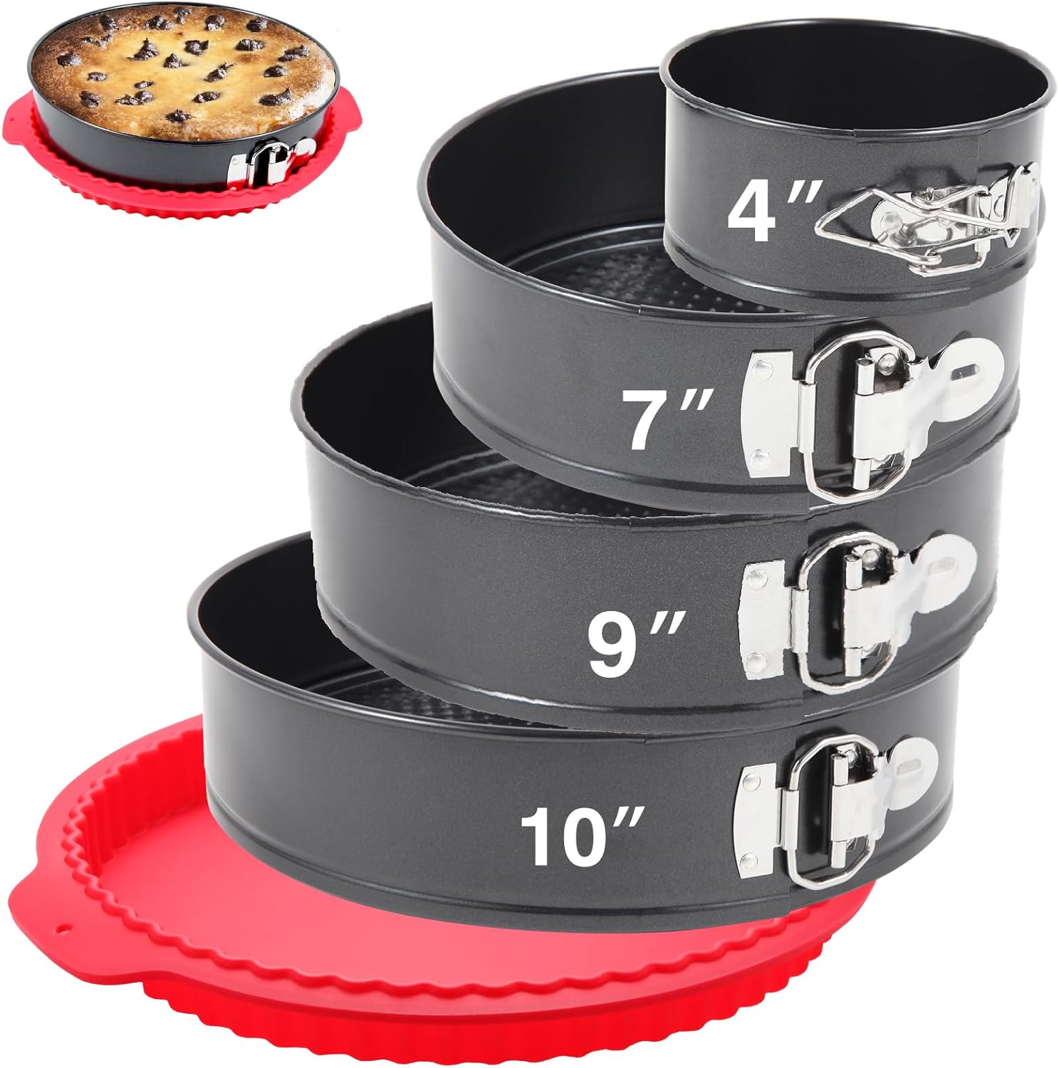 Premium Springform Pan Set – 4, 7, 9, 10 Inches Round Cake Pan set with Removable Bottom for Baking, Nonstick Coating, with Thickened Silicone Cheesecake Pan Protector