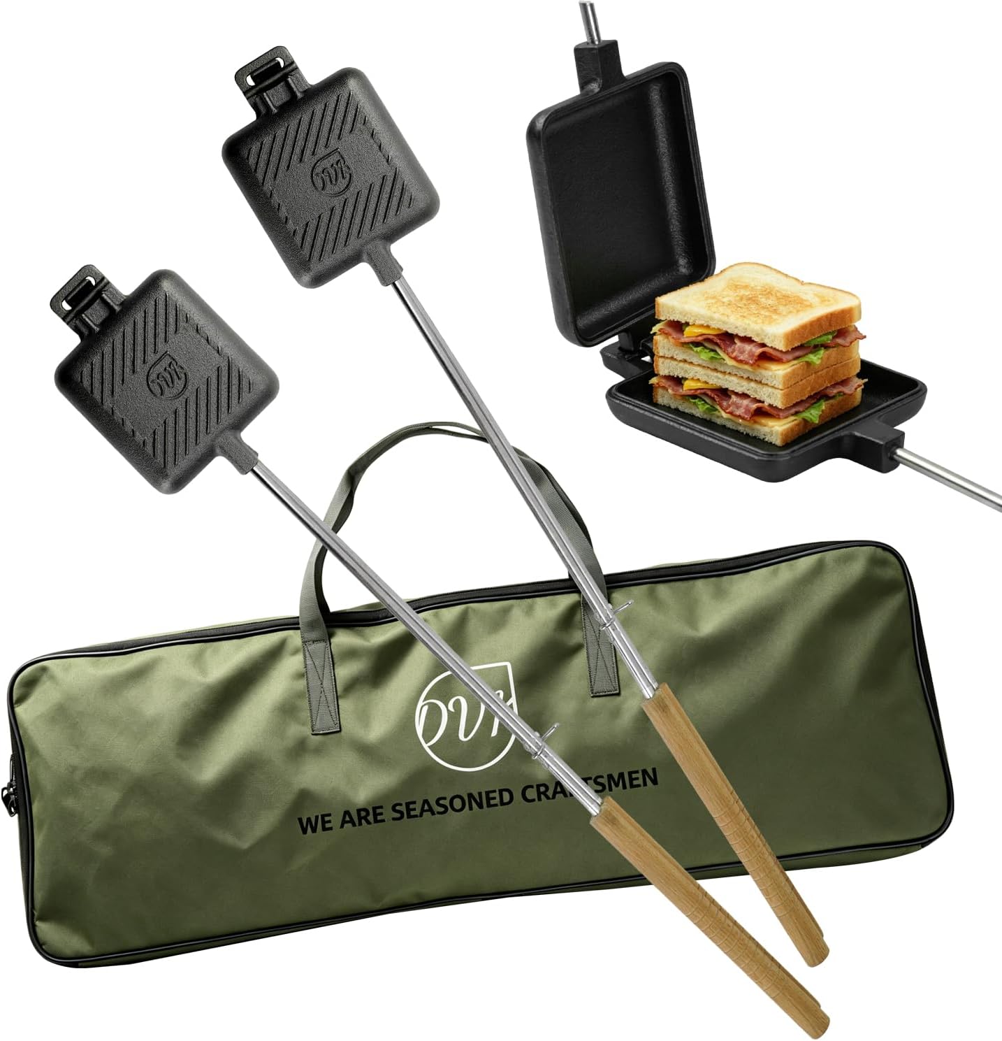 DVK 2Pcs Cast Iron Sandwich Maker for Campfire, Pre-seasoned Pie Iron with Detachable Long Wood Handle and Storage Bag, Portable Toasted Sandwich Cooker for Outdoor Camping and Fire Pit Cooking