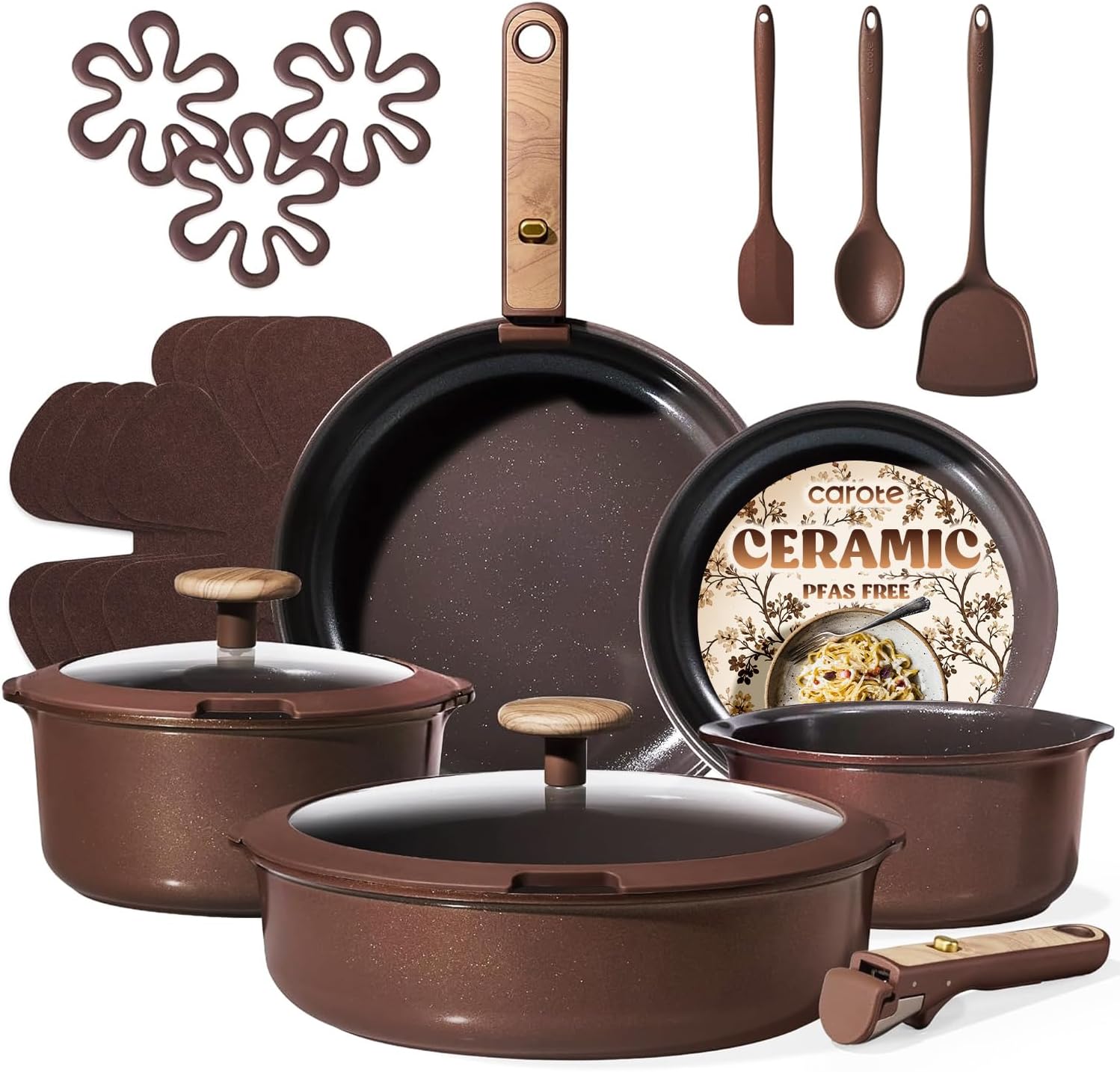 CAROTE Pots and Pans Set, Ceramic Cookware Set Non Stick with Detachable Handle, RV Kitchen Cooking Set, Induction & Oven Safe, Non-Toxic, PFAS and PFOA Free, Dark Choco, 19 Pcs