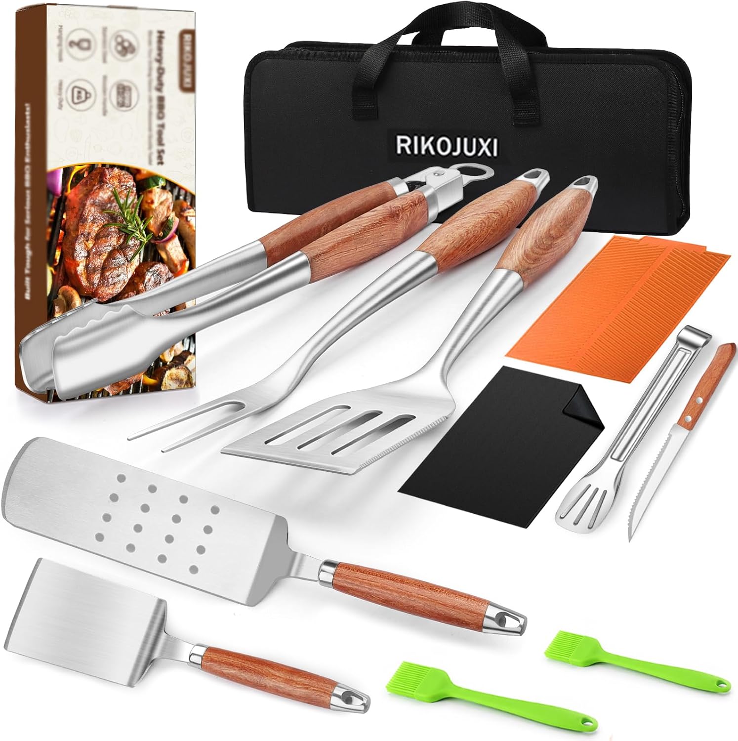 16 Inch Grilling Accessories Set, Heavy Duty Stainless Steel BBQ Accessories Tools and Grill Accessories for Outdoor Grill with Spatula, Fork, & Tongs – Grilling Gifts for Men Women Father