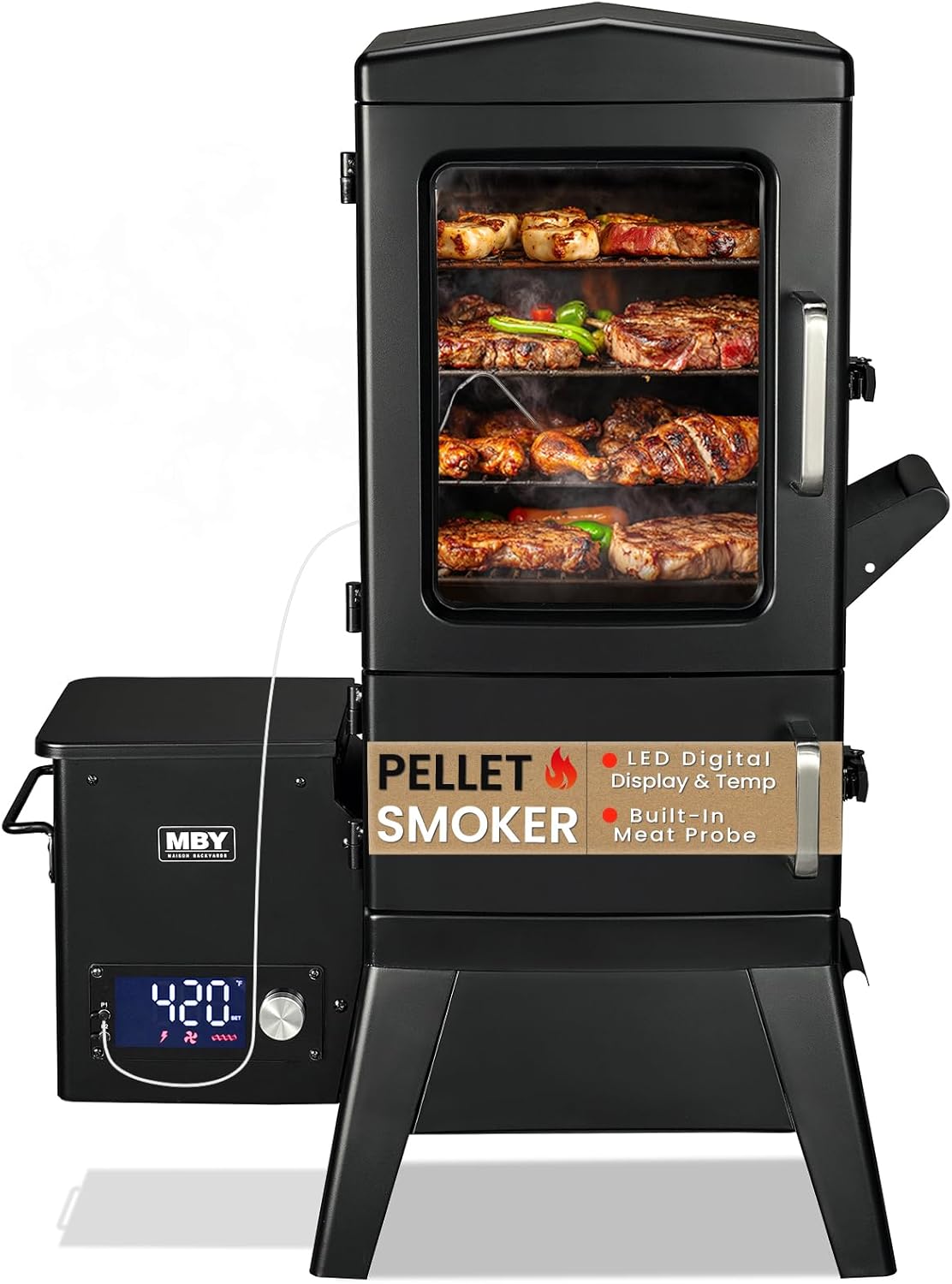 Pellet Smoker with Cover, Electric Wood Pellet Smoker Grill With Meat Probe and Hook, 616 Sq in Cooking Area LED Display Temperature Control, Outdoor Cooking, Patio, Garden Barbecue, Obsidian Black