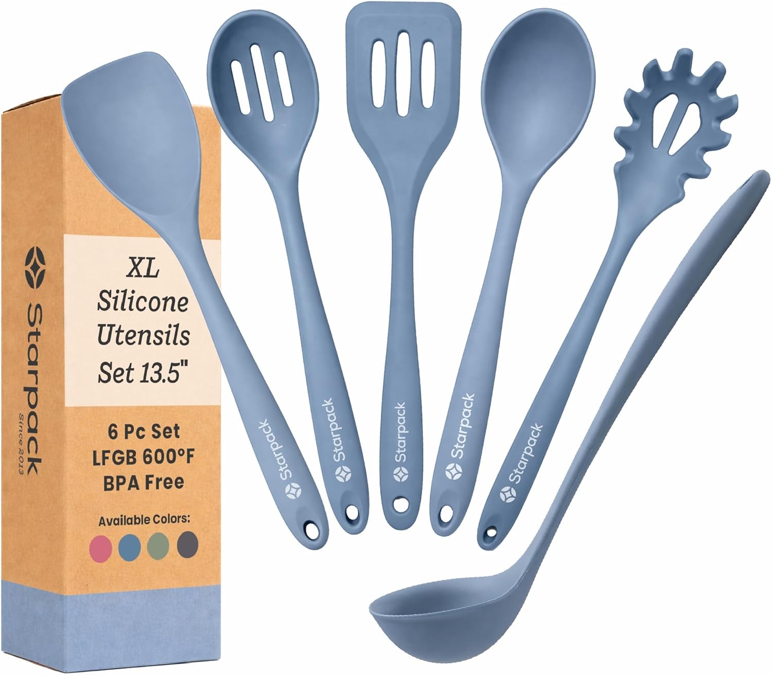 Starpack Like a Boss XL Silicone Cooking Utensils Set (6-Piece, 13.5″) – LFGB Certified, 600°F Heat Resistant, BPA-Free – Heavy-Duty Steel Core, Dishwasher Safe – for Nonstick Cookware, Light Blue