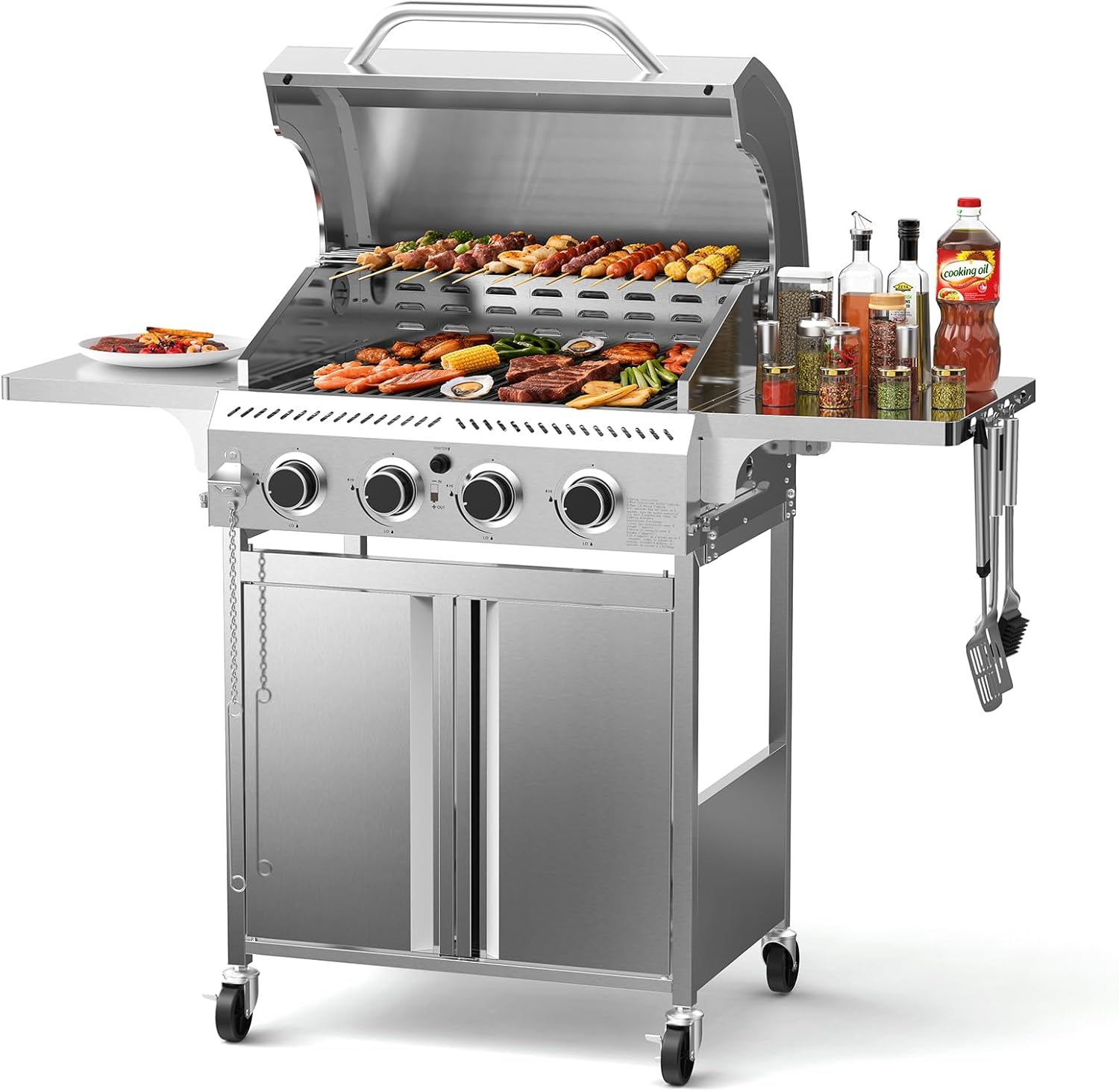 Electactic Propane Gas Grill 4 Burners, 32000 BTU Outdoor Barbecue Grill with Stainless Steel Body & Heavy-Duty 304 Grill Grates, Foldable Side Shelves & Built-in Thermometer, Portable with Wheels
