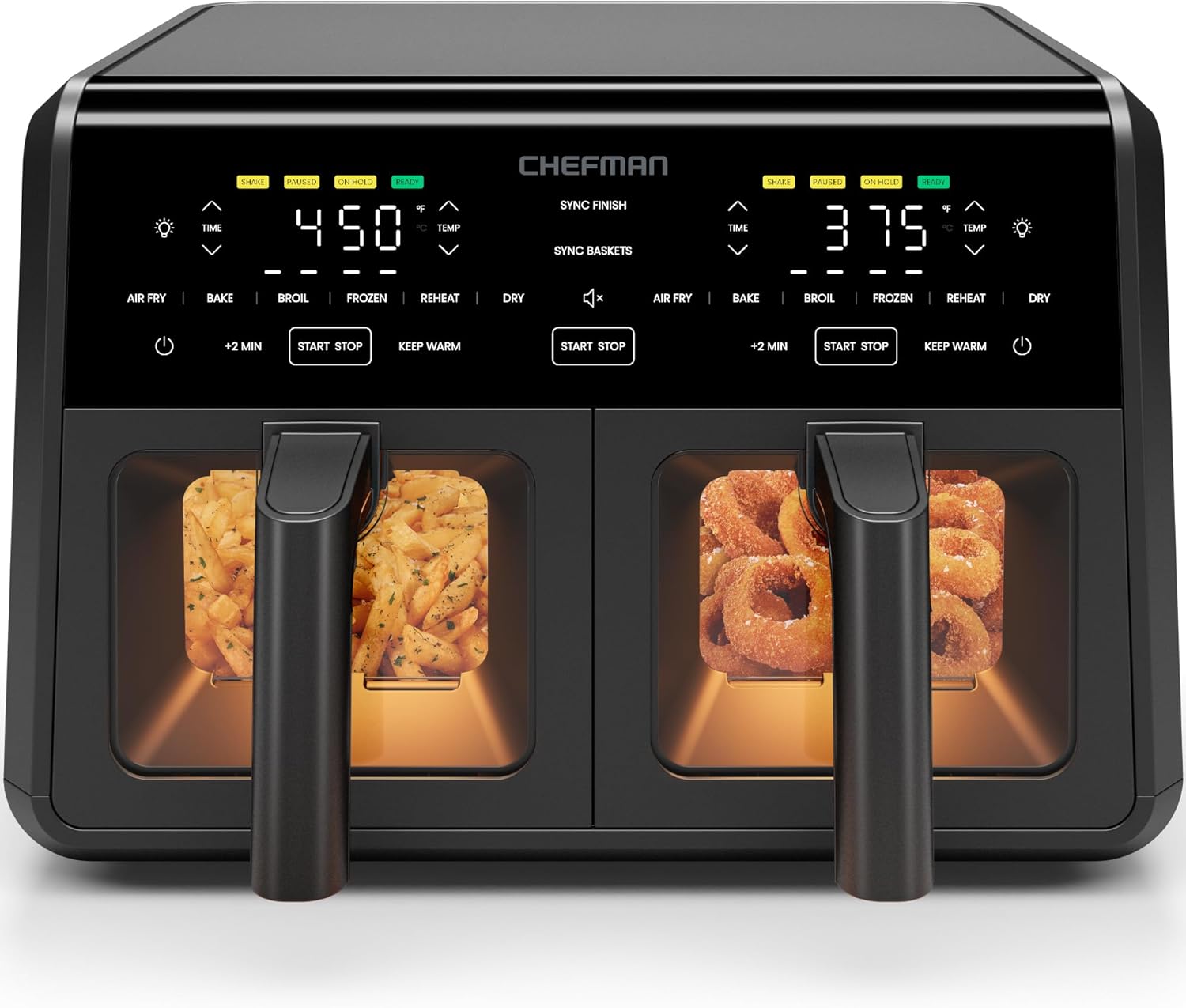 Chefman Dual Air Fryer Oven with DC Motor, 9 Qt. Double Basket Air Fryer with 450°F Max Temp for Meals in Minutes, Bake, Broil, Dehydrate, Reheat for Extra-Crispy Chicken, Fries, and More – Black