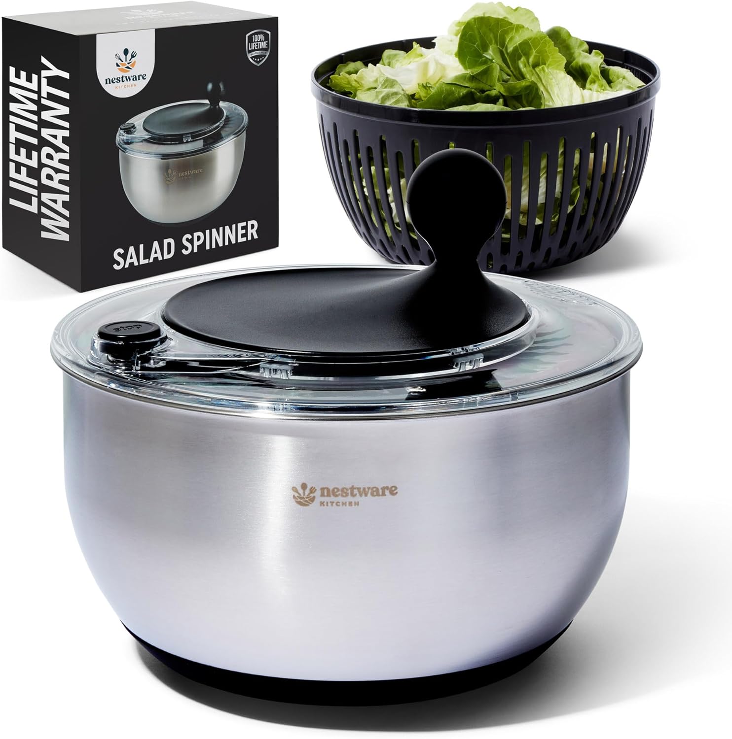 Stainless Steel Salad Spinner Large, 5.3 Qt – Lettuce, Vegetable & Fruit Washer & Dryer with Quick-Stop Brake Button, Colander Basket & Non-Slip Base (304 Stainless Steel – Black)