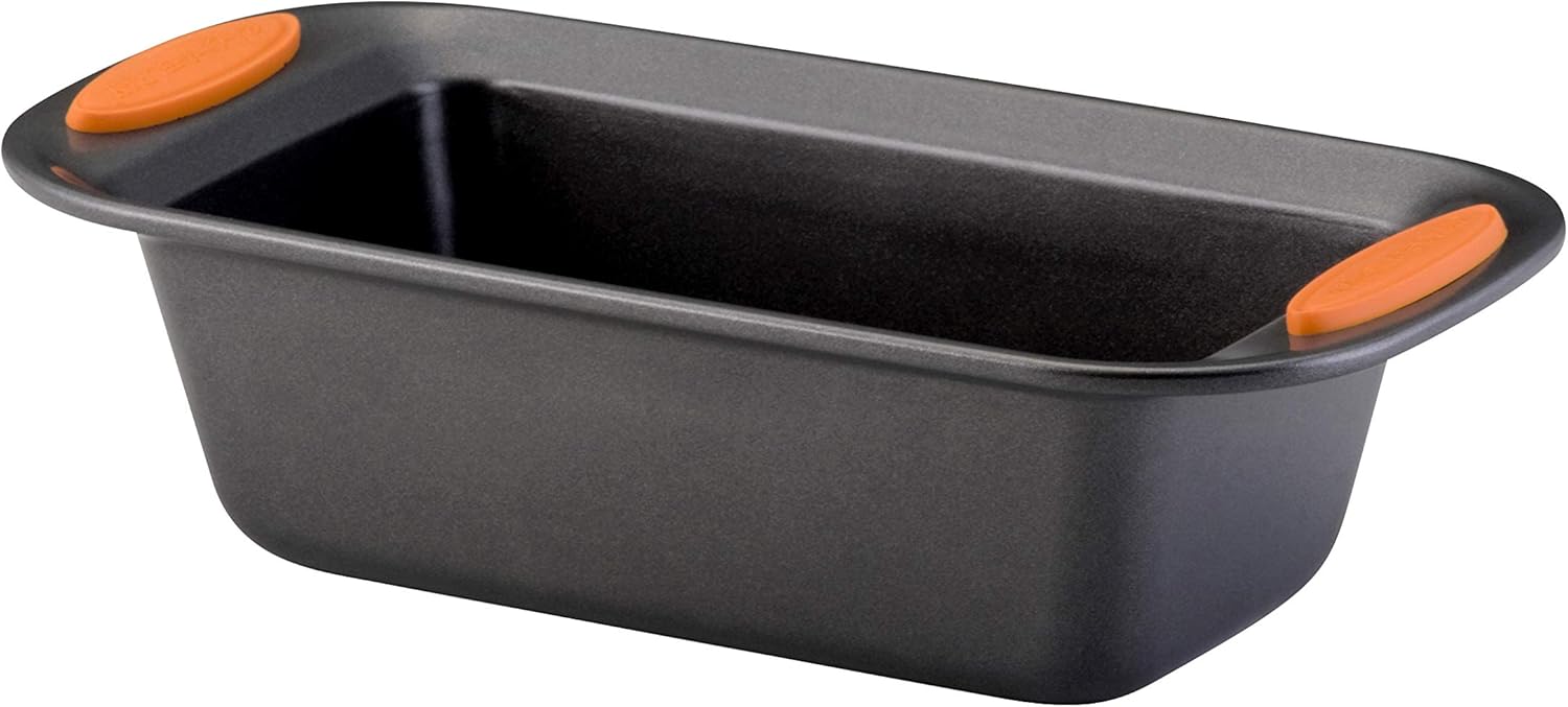 Rachael Ray Yum-o! Bakeware Oven Lovin’ Nonstick Loaf Pan, 9-Inch by 5-Inch, Gray with Orange Handles