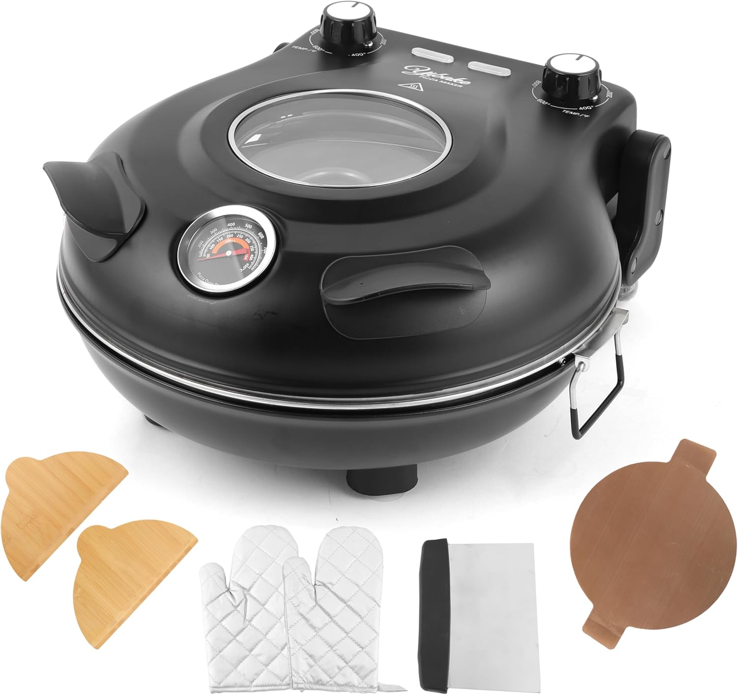Electric-Pizza-Oven, 12” Indoor-Electric-Pizza-Maker, 1200W Countertop Pizza Maker Machine with Dual Temp Control, Crispy Crust Pizzas in Minutes, Black