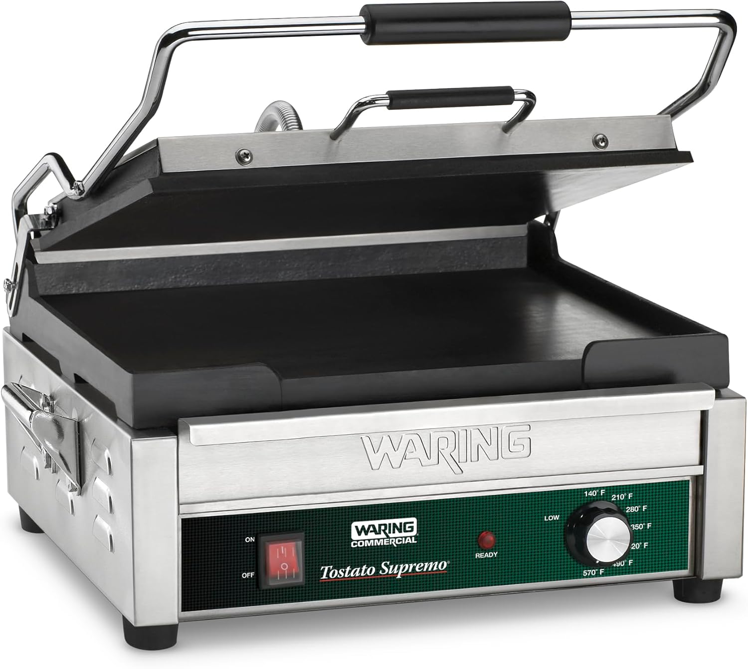 Waring Commercial Panini Press, Flat Cast Iron Plates, 14.5″ x 11″ Cooking Surface, 570°F Adjustable Thermostat, for Sandwiches up to 3″ Thick, Professional Kitchen Grill, 120V, WFG250