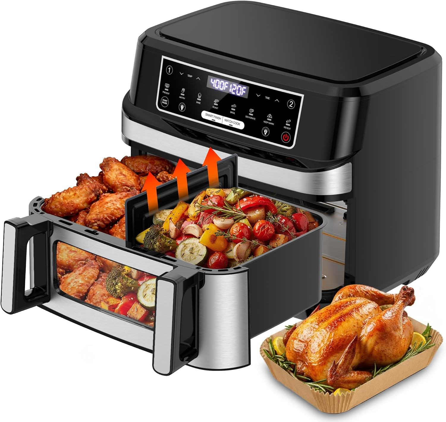 Emphsism 12QT Large Dual Zone Air Fryer with Divider, Match Cook & Smart Finish, Air Fry/Roast/Bake/Toast/Dehydrate/Reheat/Keep Warm/Preheat, Nonstick Dishwasher-Safe Basket, Digital Touchscreen