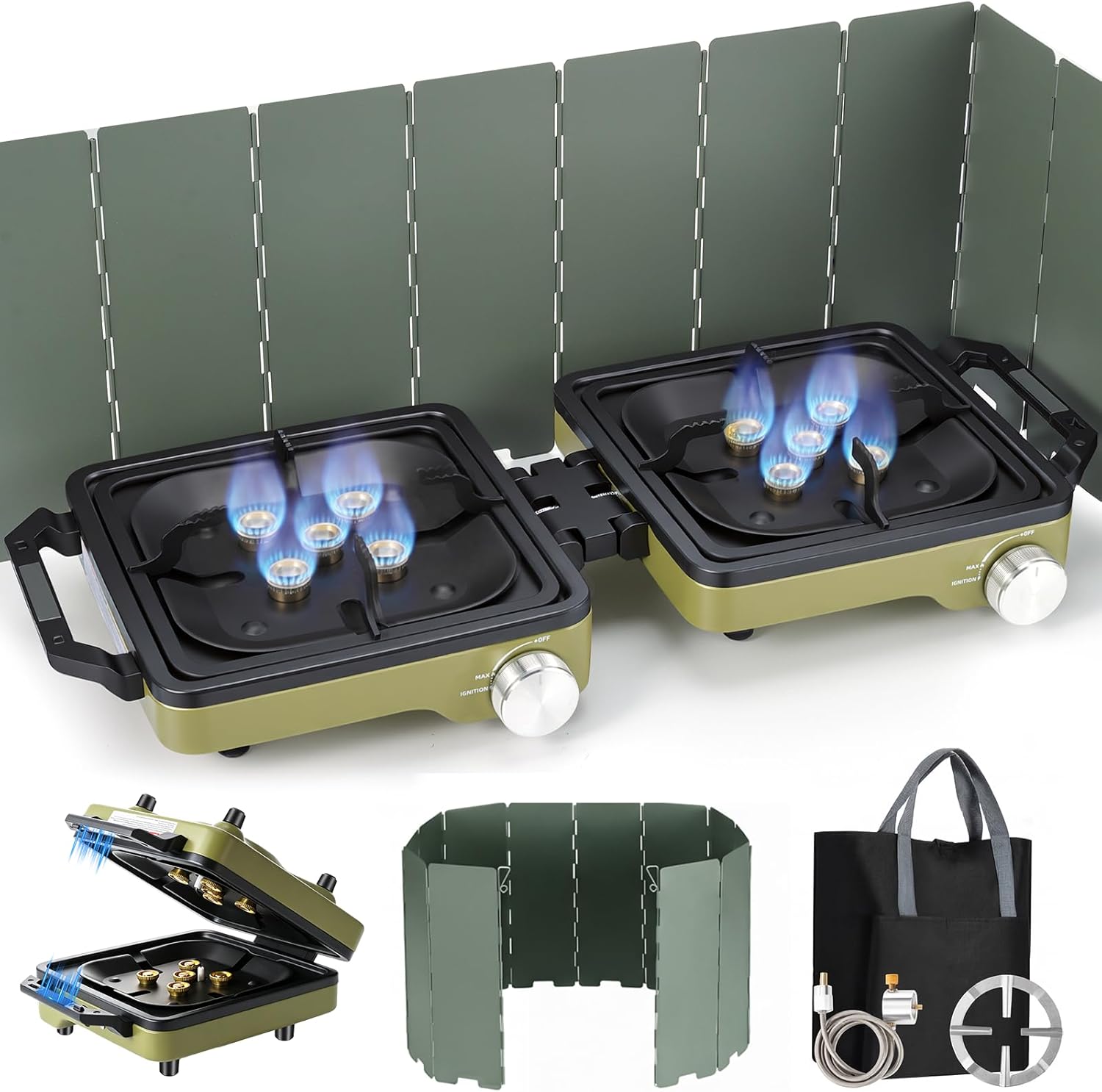 2-Burner Portable Propane Camping Stove with Windshield, 30000 BTU Foldable Gas Stove with Independently Adjustable Heat Coffee Stand & Carry Bag, Gas Stove for Cooking, Tailgating (Green)