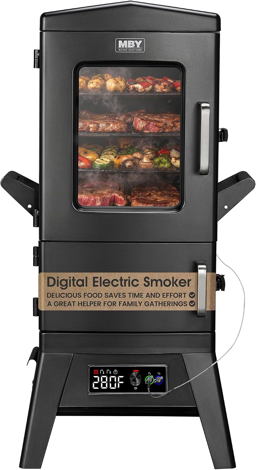Vertical Electric Smoker with Waterproof Cover & Meat Probe, Smokers with 4 Cooking Grates, 633 Sq.in Cooking Space, LED Temperature Control for Outdoor Smoke Ribs,Brisket,Chicken