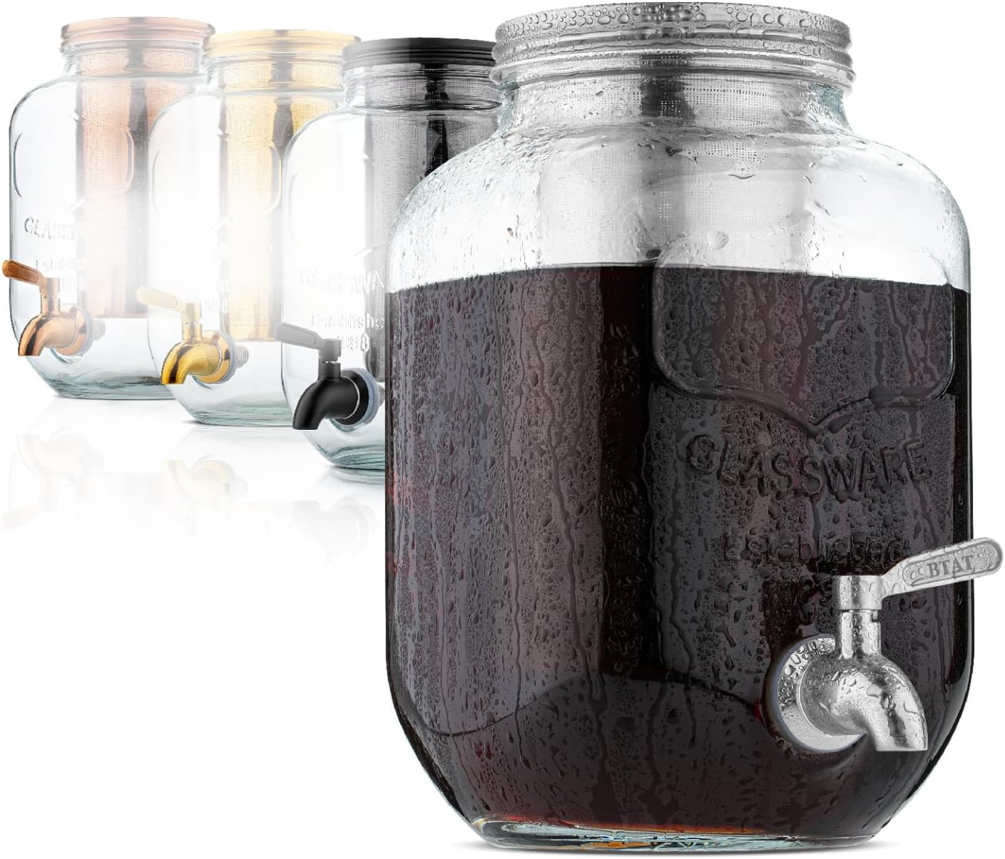 BTaT- 1 Gallon Cold Brew Coffee Maker, Thick Glass Pitcher with Stainless Steel Filter, Lid & Spigot, Iced Coffee & Sun Tea Brewer, Large Mason Jar Cold Brew Container, Fast Iced Tea Maker for Fridge