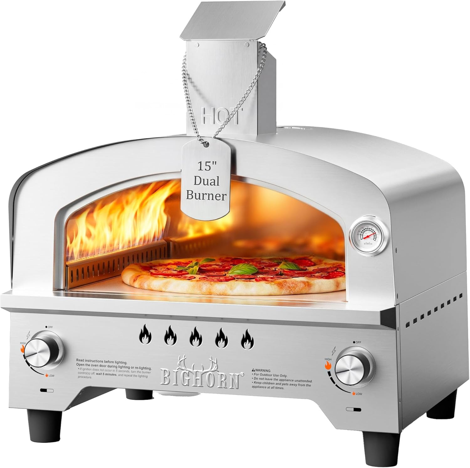 BIG HORN Gas Pizza Oven, Portable Propane Pizza Oven with 15 inch Pizza Stone, Stainless Steel Pizza Maker for Outdoor Cooking