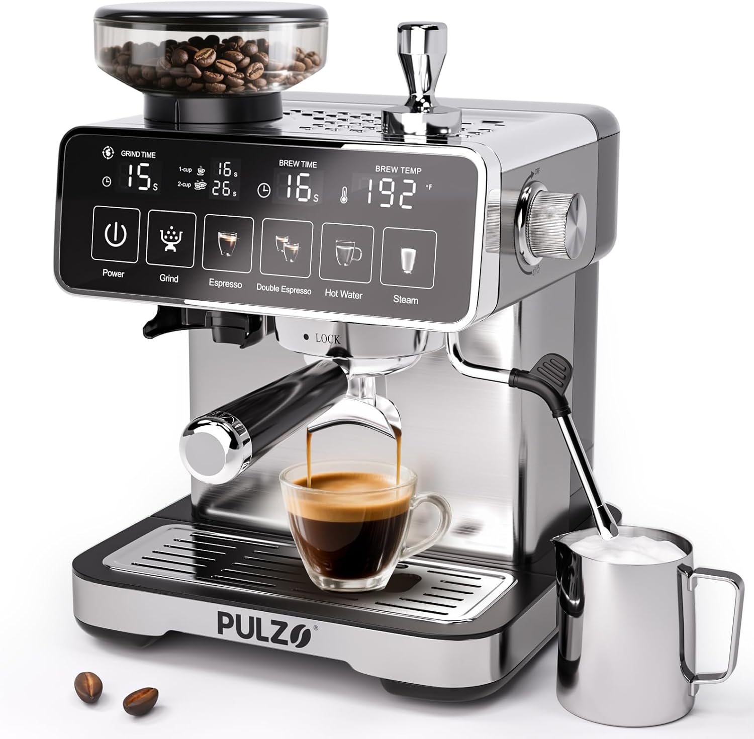 PULZO Espresso Machine with Grinder, 20 Bar Professional Coffee Machine with Milk Frother, All-in-One Stainless Steel Coffee Maker to Make Latte, Cappuccino, 67oz Detachable Water Tank