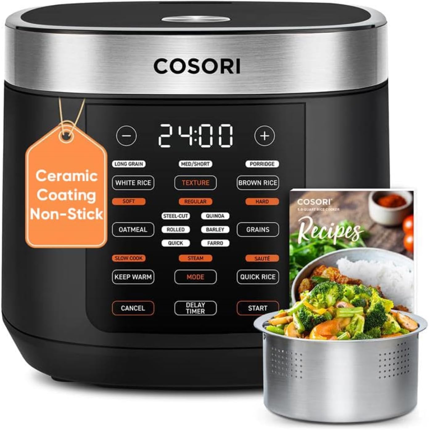 Cosori Rice Cooker 10 Cup, 24h Keep Warm, Non-stick Ceramic Inner Pot, 18 Functions Fuzzy Logic Rice Maker with Stainless Steel Steamer Basket, Sauté, Slow Cooker, Black