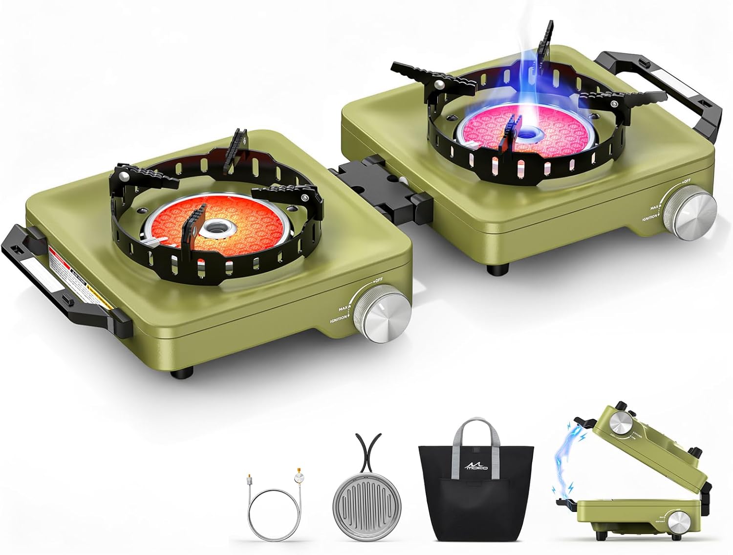 MoKo Propane Camping Stove 2 Burner, 36,000 BTU Infrared & Open Flame Hybrid, Windproof Folding Portable Outdoor Gas Cooking Kit with Frying Pan & Carry Bag For RV, Tailgating, Survival, Green