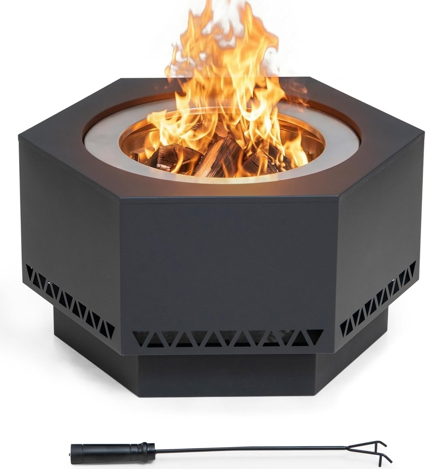 SUNJOY Smokeless Fire Pit 28-Inch Hexagonal Firepit for Patio and Outdoor, Stainless Steel Wood Burning Fireplace with PVC Cover and Fire Poker, Ideal for Camping, Bonfire, and Backyard, Grey