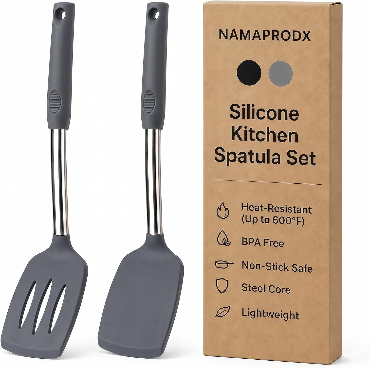 Silicone Spatula Set (2-Pc) – 600°F Heat Resistant, BPA Free, Non-Scratch, Dishwasher Safe I Slotted & Solid Kitchen Spatula Turners I Ideal for Eggs, Pancakes, Fish I Stainless Steel I Gray