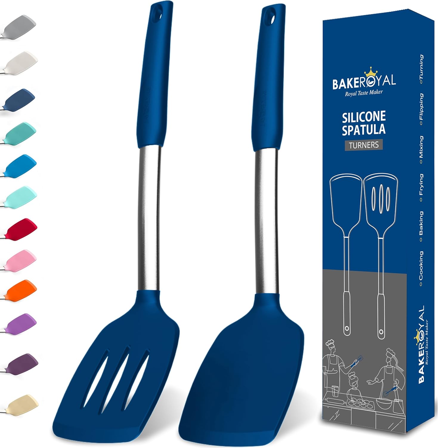 BakeRoyal Silicone Spatula Set – Turner Spatulas Silicone Heat Resistant 600°F – Slotted & Solid Spatula for Cooking Fish, Eggs, Pancakes Flipper – Spatulas for kitchen use – Royal Blue