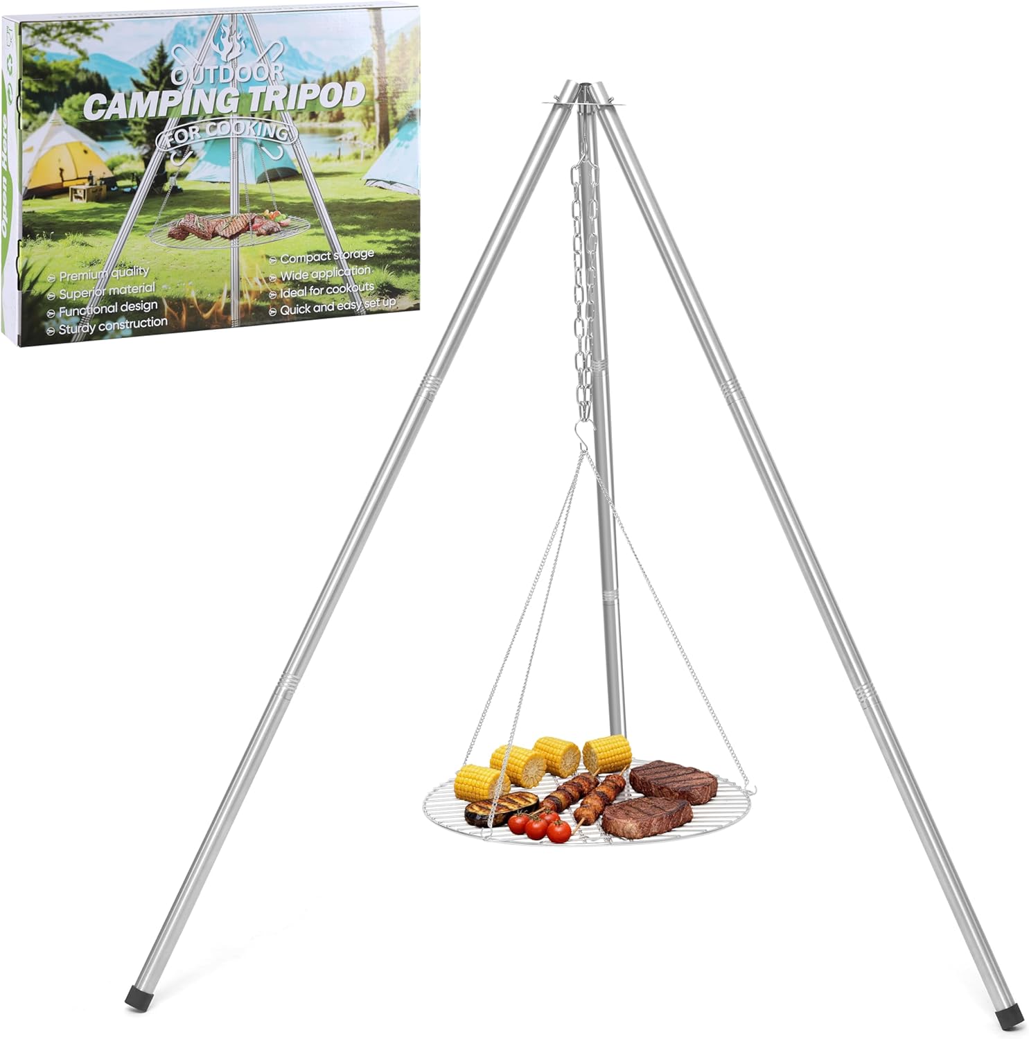 Stainless Steel Campfire Tripod for Cooking, HaSteeL Camping Tripod Grill with 17” Folding Grate, Heavy Duty Openfire Stand Hanger for Outdoors Beach Firepit BBQ, Detachable Handle, Adjustable Height