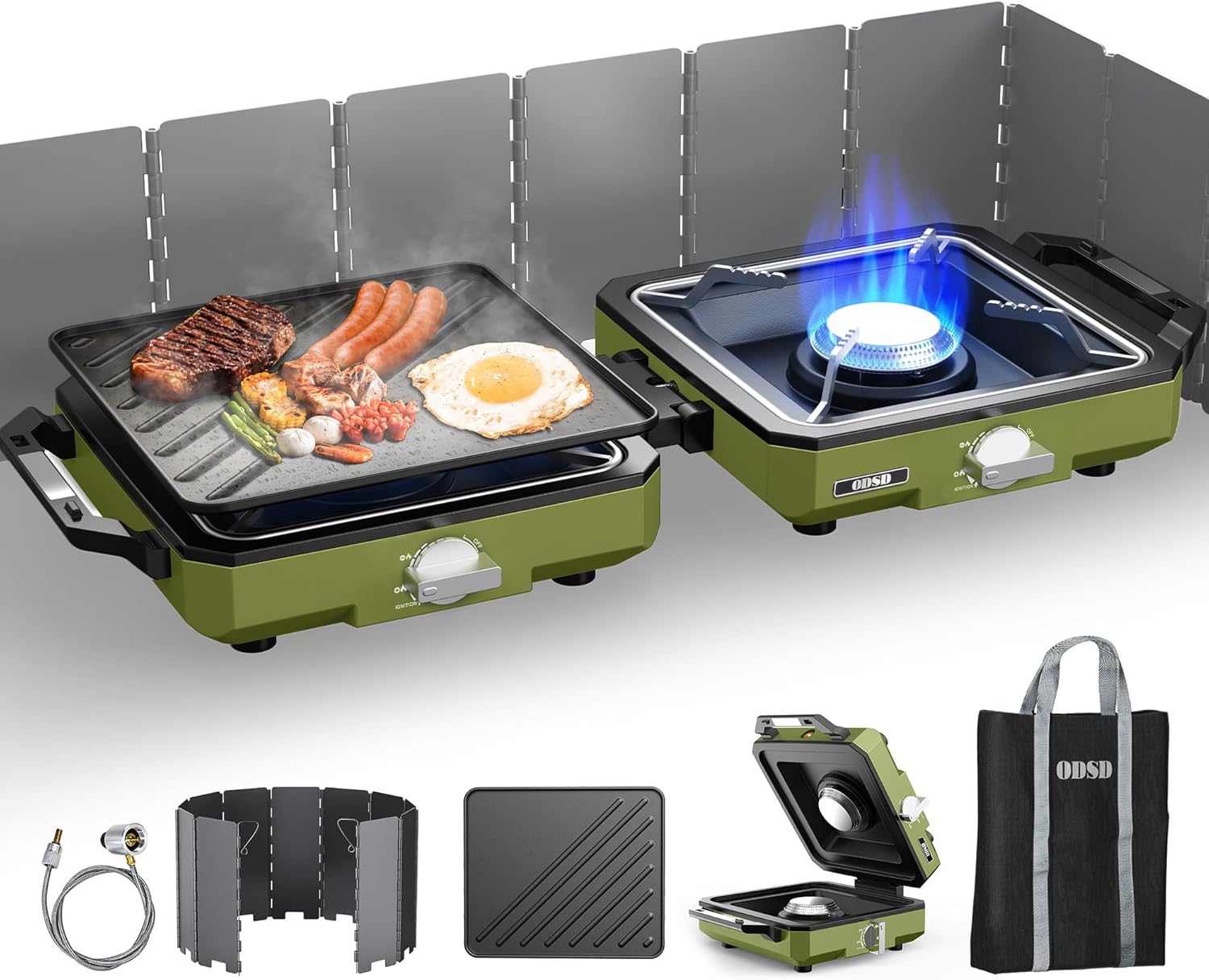ODSD 2 Burner Camping Stove with Windshield, 20000 BTU Propane Camp Stove, Portable Folding Gas Stove, Camping Essentials Gear Includes Frying Pan, Coffee Stand & Carry Bag, Green