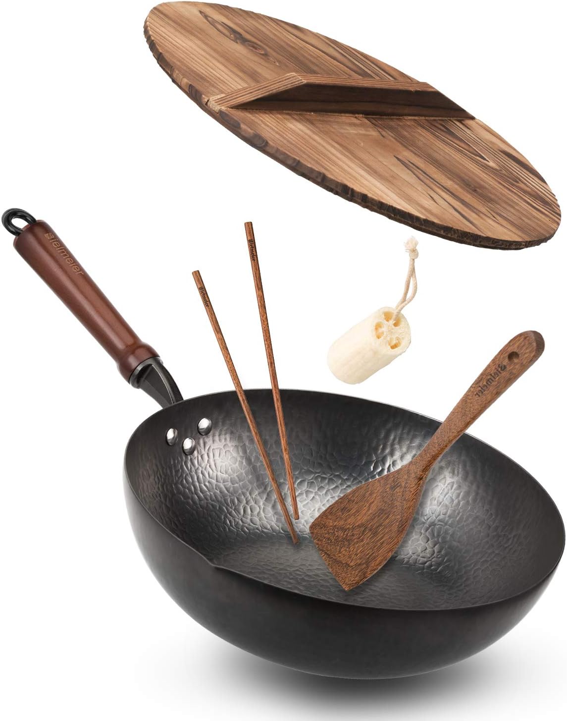 BIELMEIER Wok Pan 12.5″, Woks and Stir Fry Pans with lid, Carbon Steel Wok with Cookware Accessories, Flat Bottom Suits for all Stoves