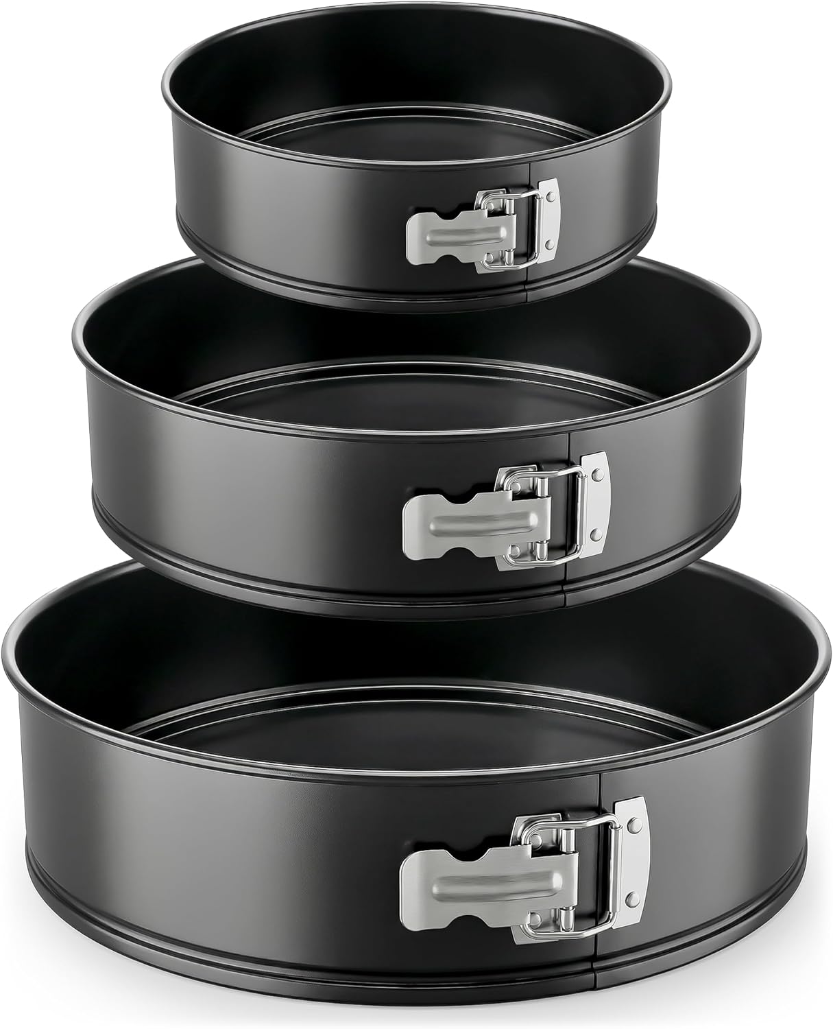 Nutrichef 3-Piece Nonstick Springform Pan Set – Premium Carbon Steel Cheesecake Pans with Stainless Steel Clasp – 6″, 8″, 10″ Sizes, Oven Safe up to 450°F – Includes 300pcs Parchment Paper (Black)