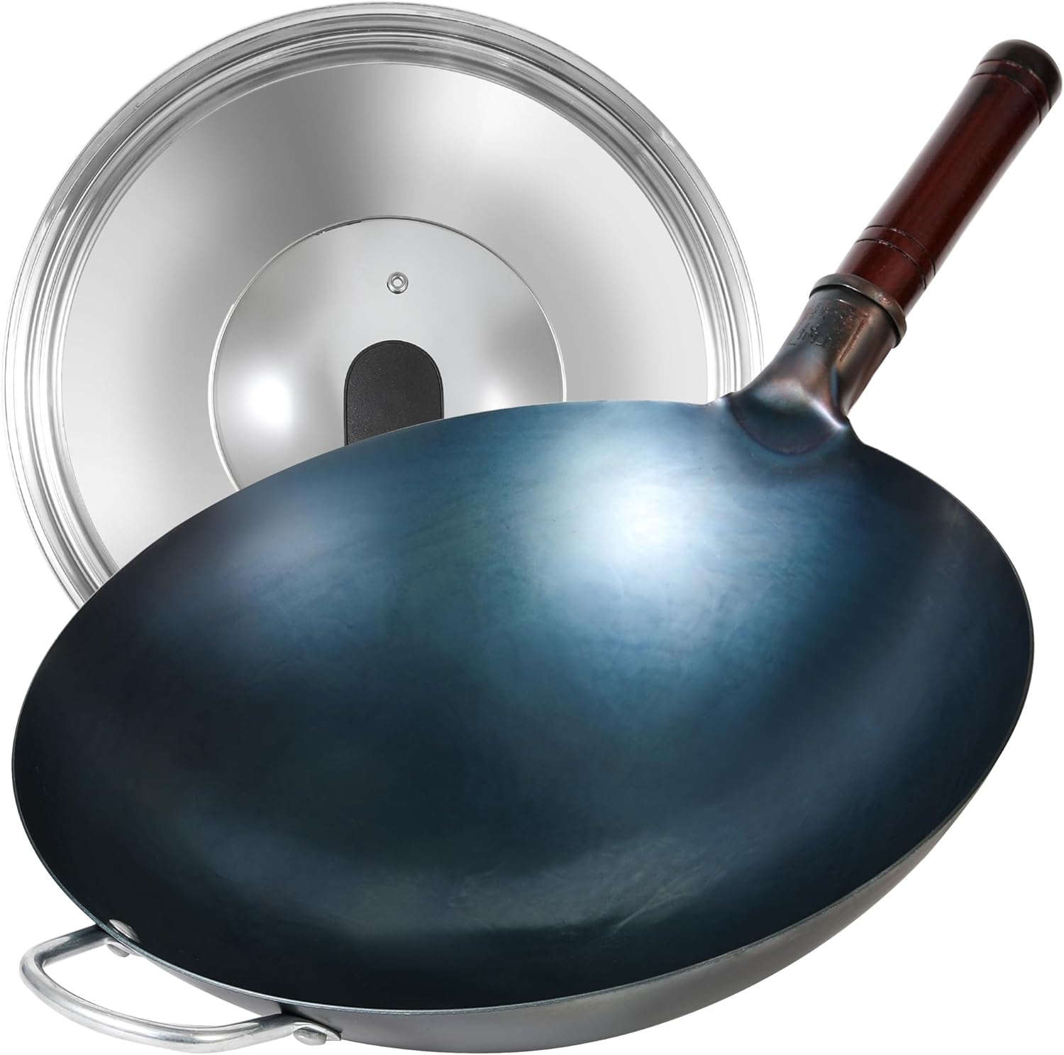14 Inch Carbon Steel Wok with Lid, Round Bottom Wok Pan, Blue Pre-Seasoned Chinese Stir Fry Pan for Open Flame Cooking, Large Traditional Pow Wok for BBQ, Grill, Camping, Home Cooking