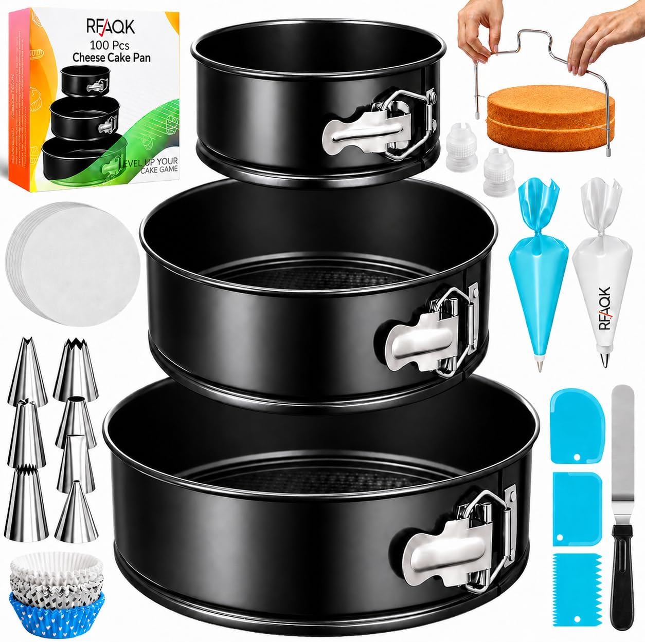 RFAQK 100pcs Cake Pan Sets for Baking + Cake Decorating Supplies: 3 Non-Stick Springform Pans Set (4, 7, 9 inches), Icing Tips, Cake Leveler – Multi-functional Leak-Proof CheeseCake Pan & eBook